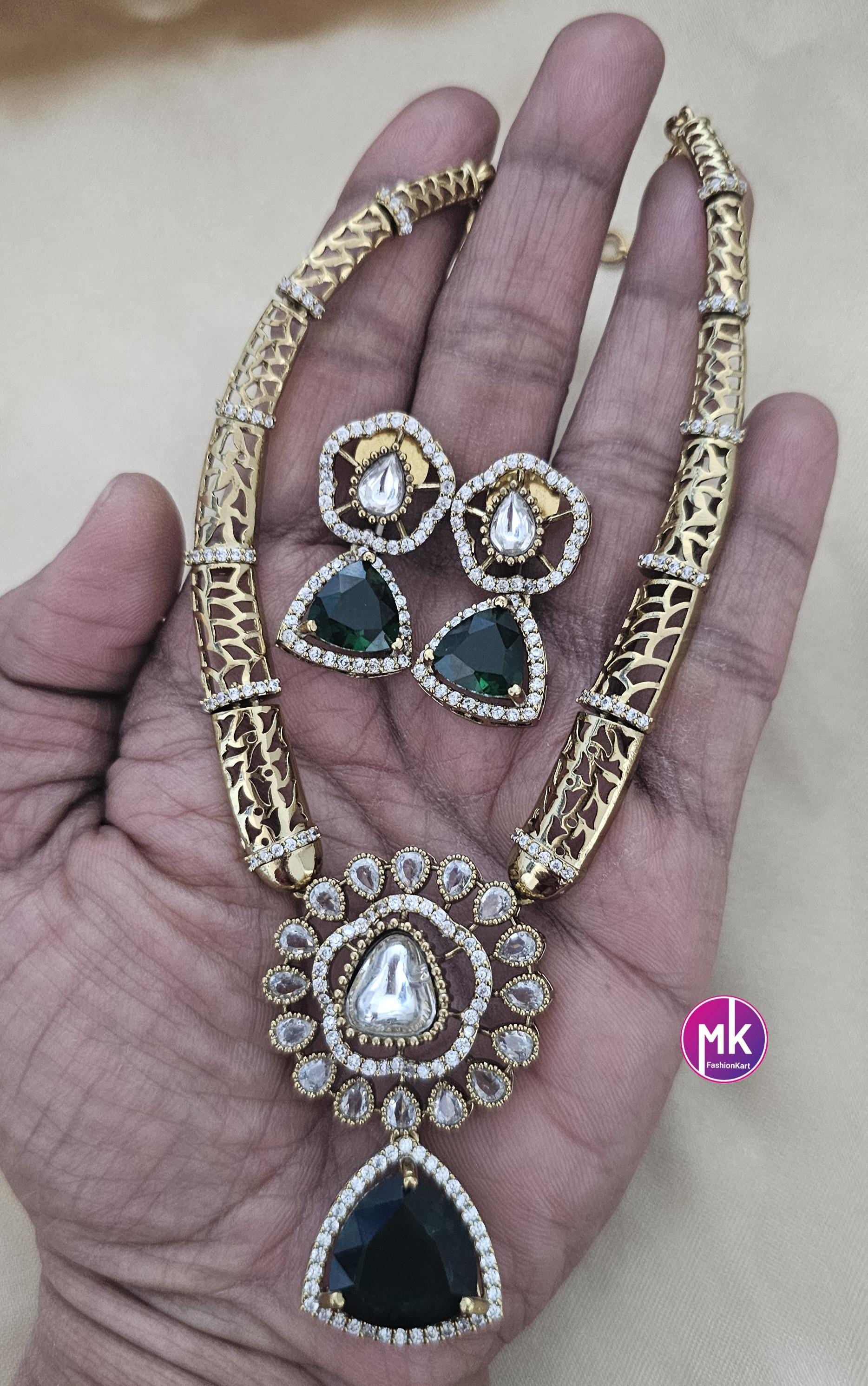 Celebrity style Flower design stone premium Hasli emerald stone necklace with matching Earrings - Fashion Jewelry - Mk Fashionkart