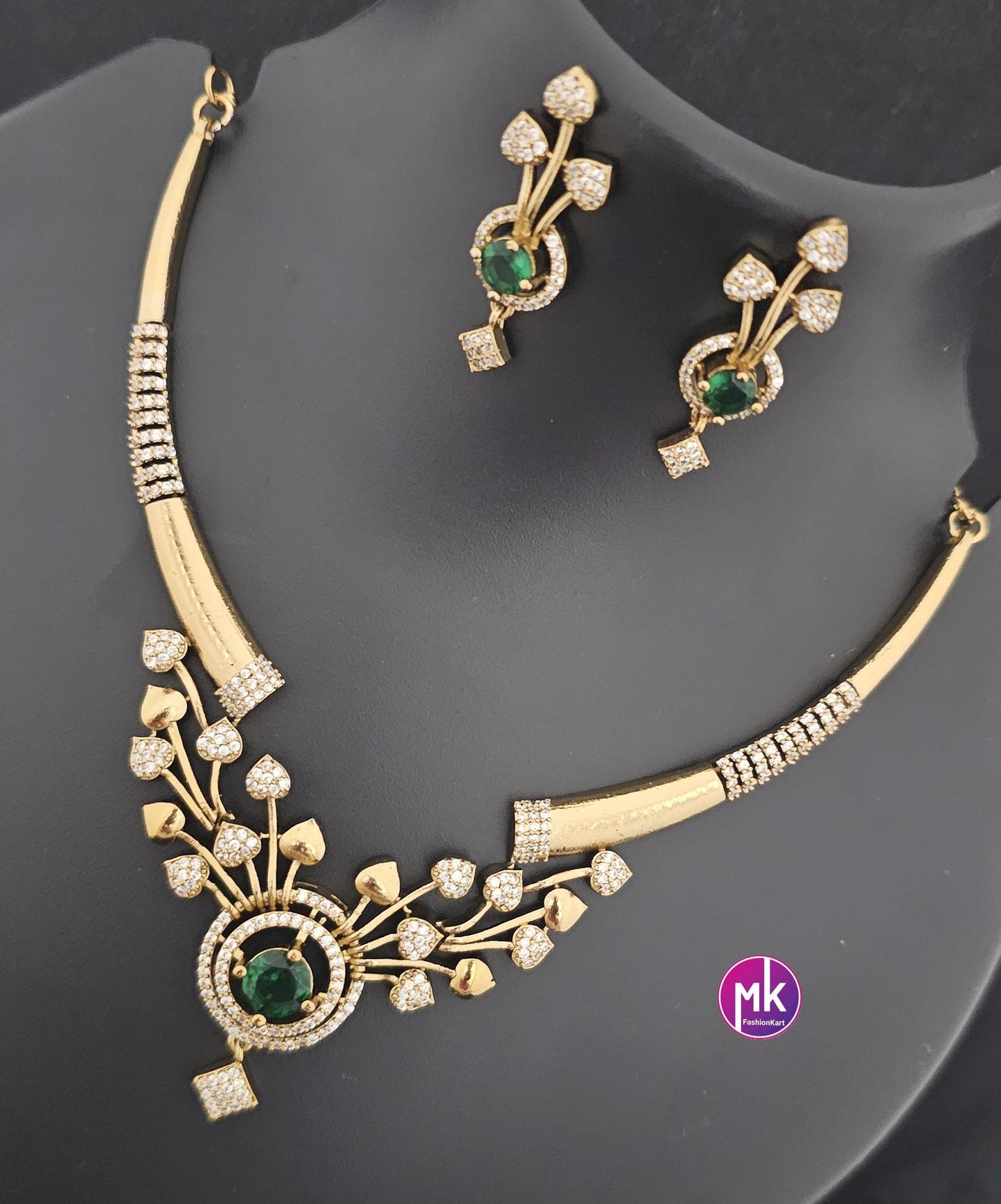 Flower design Hasli AD stone necklace with matching Earrings - Fashion Jewelry - Mk Fashionkart