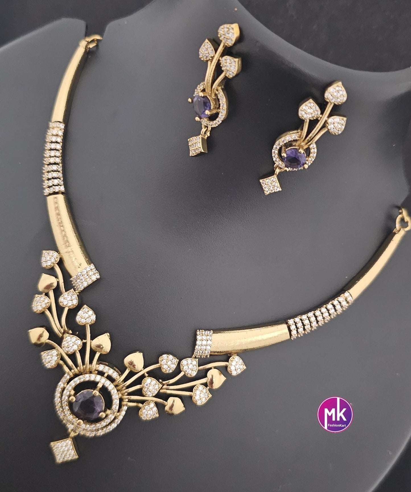 Flower design Hasli AD stone purple necklace with matching Earrings - Fashion Jewelry - Mk Fashionkart