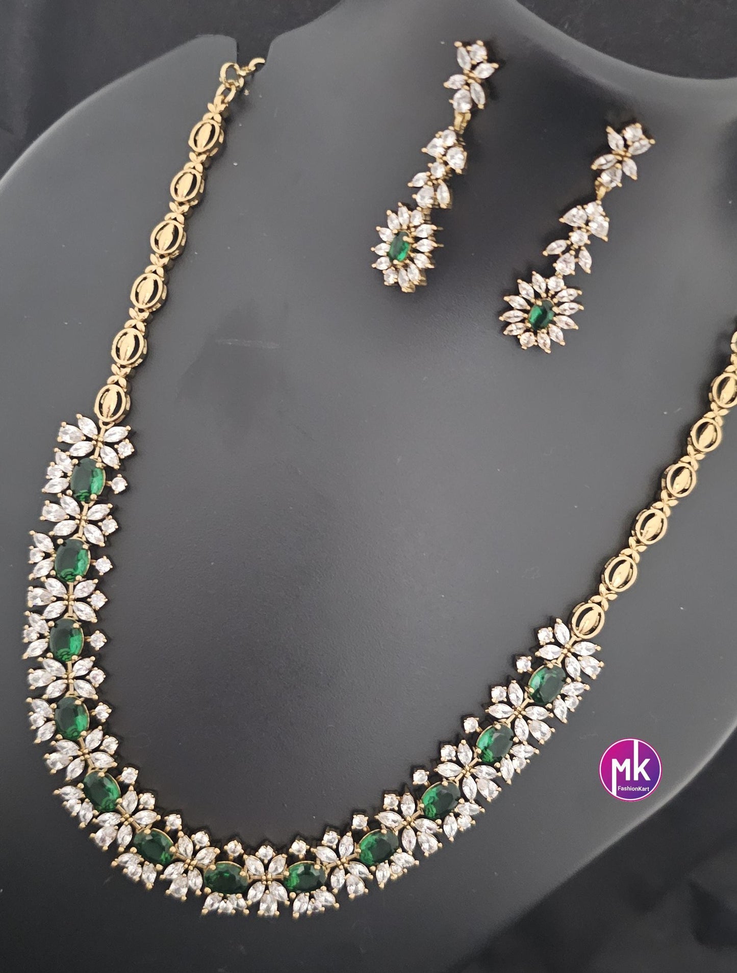Premium polish gold finish Emerald stone Necklace with AD stones and matching Earrings - MK Fashionkart - Fashion Jewelry