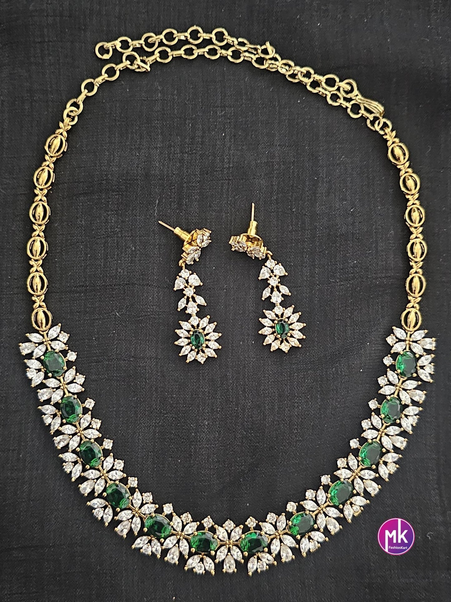 Premium polish gold finish Emerald stone Necklace with AD stones and matching Earrings - MK Fashionkart - Fashion Jewelry