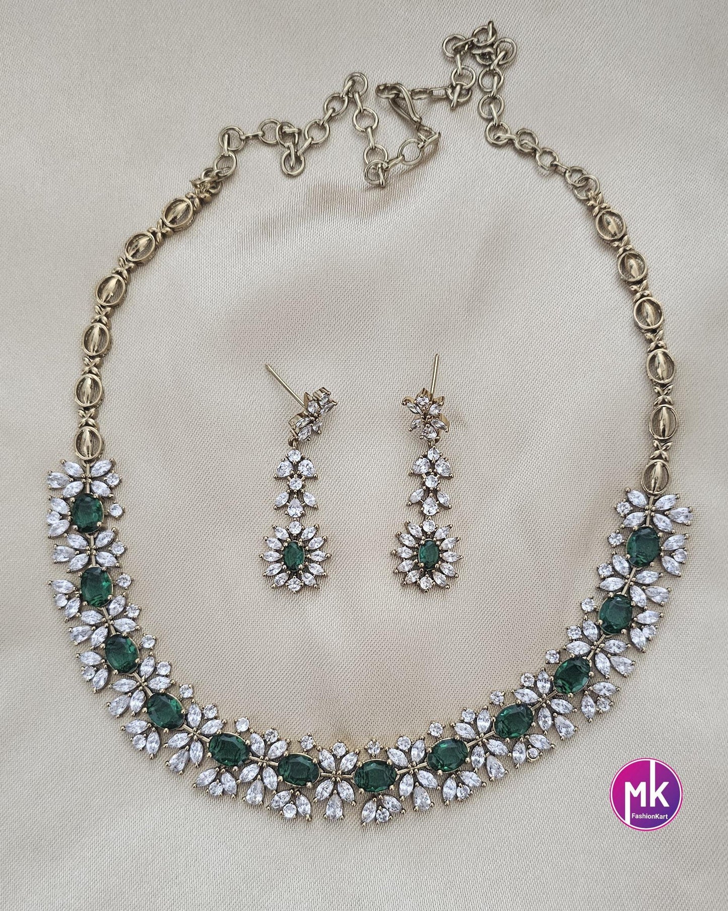 Premium polish gold finish Emerald stone Necklace with AD stones and matching Earrings - MK Fashionkart - Fashion Jewelry