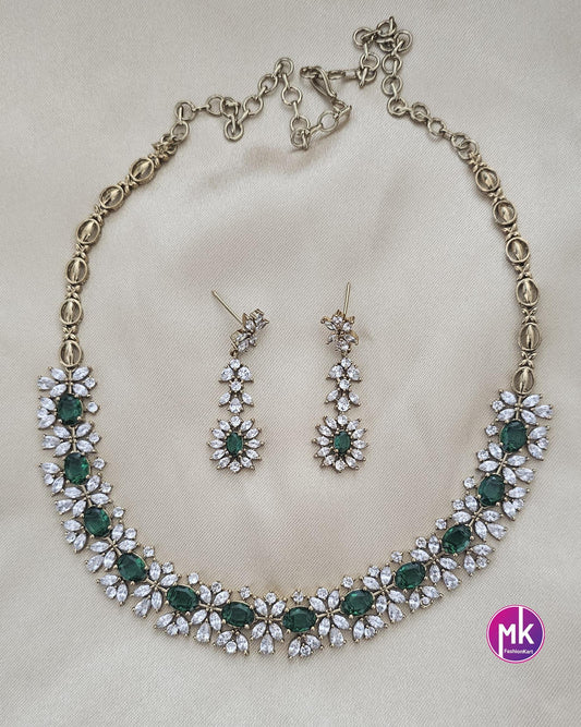 Premium polish gold finish Emerald stone Necklace with AD stones and matching Earrings - MK Fashionkart - Fashion Jewelry