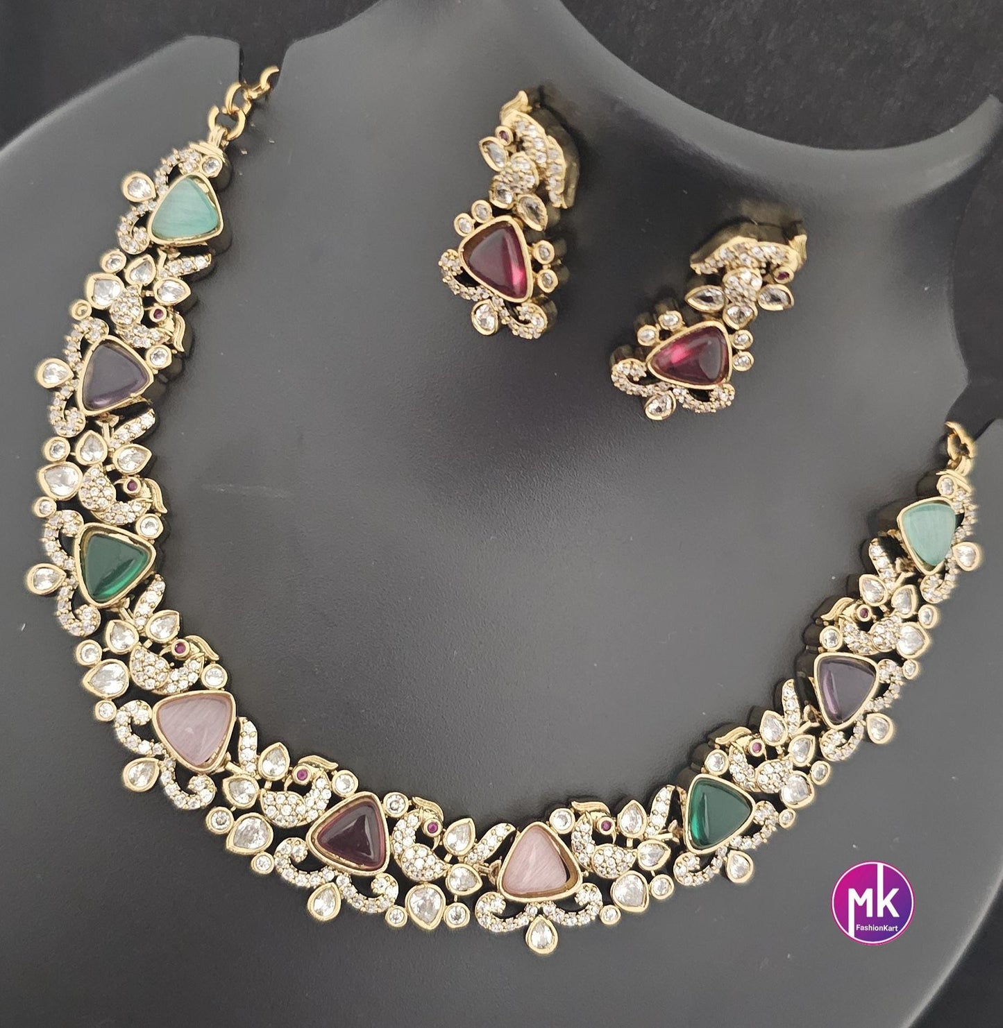 Peacock design Premium quality Multi-color AD/CZ stone Necklace with Earrings - Fashion Jewelry - MK Fashionkart
