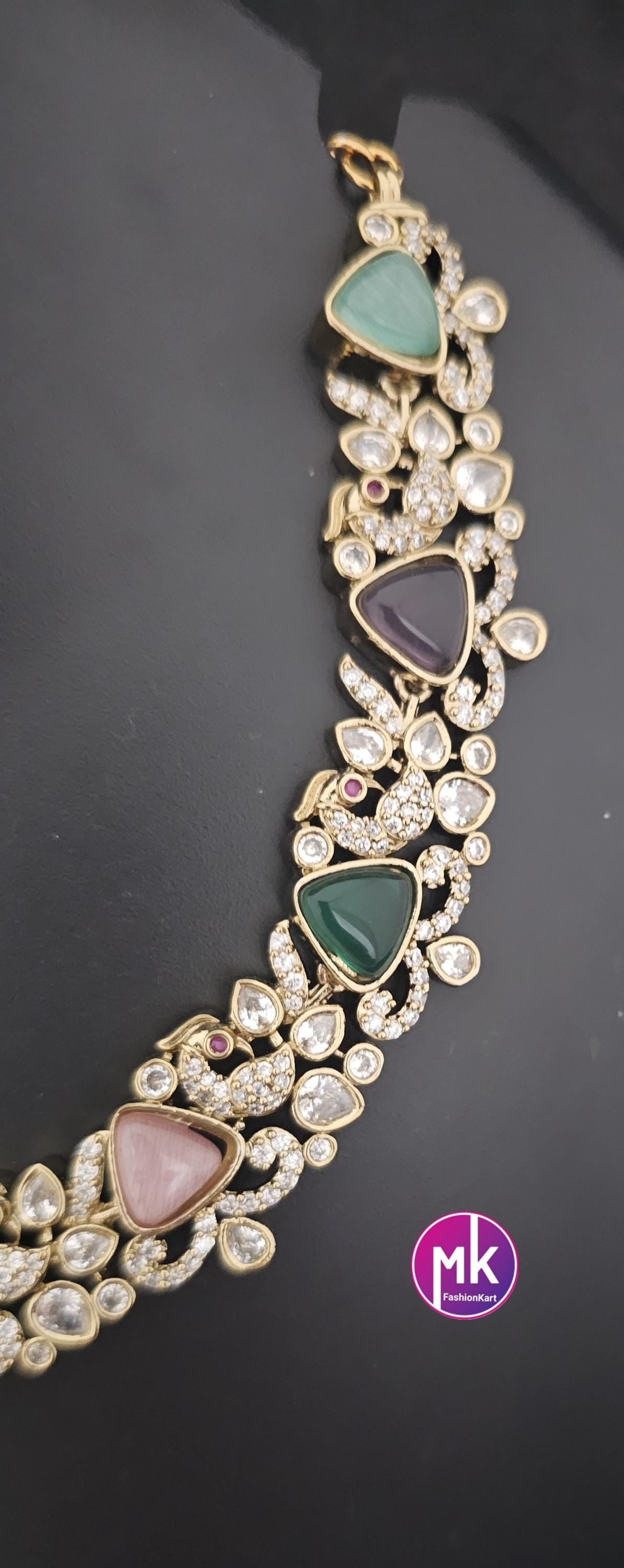 Peacock design Premium quality Multi-color AD/CZ stone Necklace with Earrings - Fashion Jewelry - MK Fashionkart