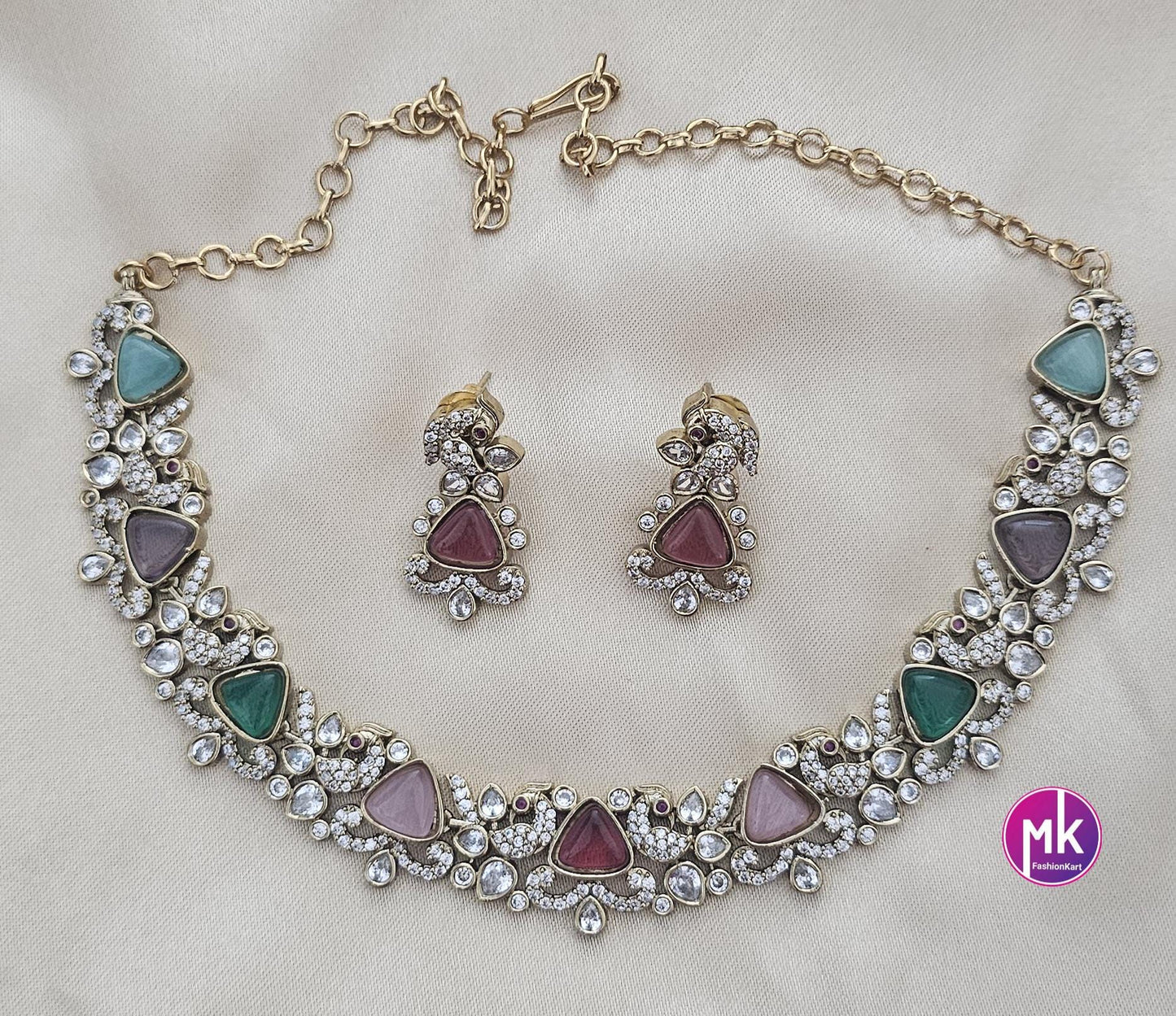 Peacock design Premium quality Multi-color AD/CZ stone Necklace with Earrings - Fashion Jewelry - MK Fashionkart