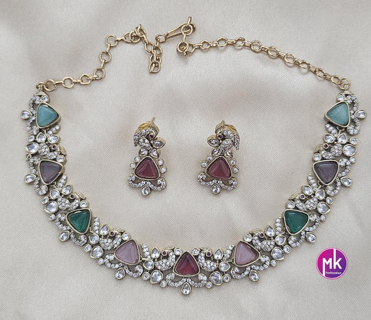 Peacock design Premium quality Multi-color AD/CZ stone Necklace with Earrings - Fashion Jewelry - MK Fashionkart