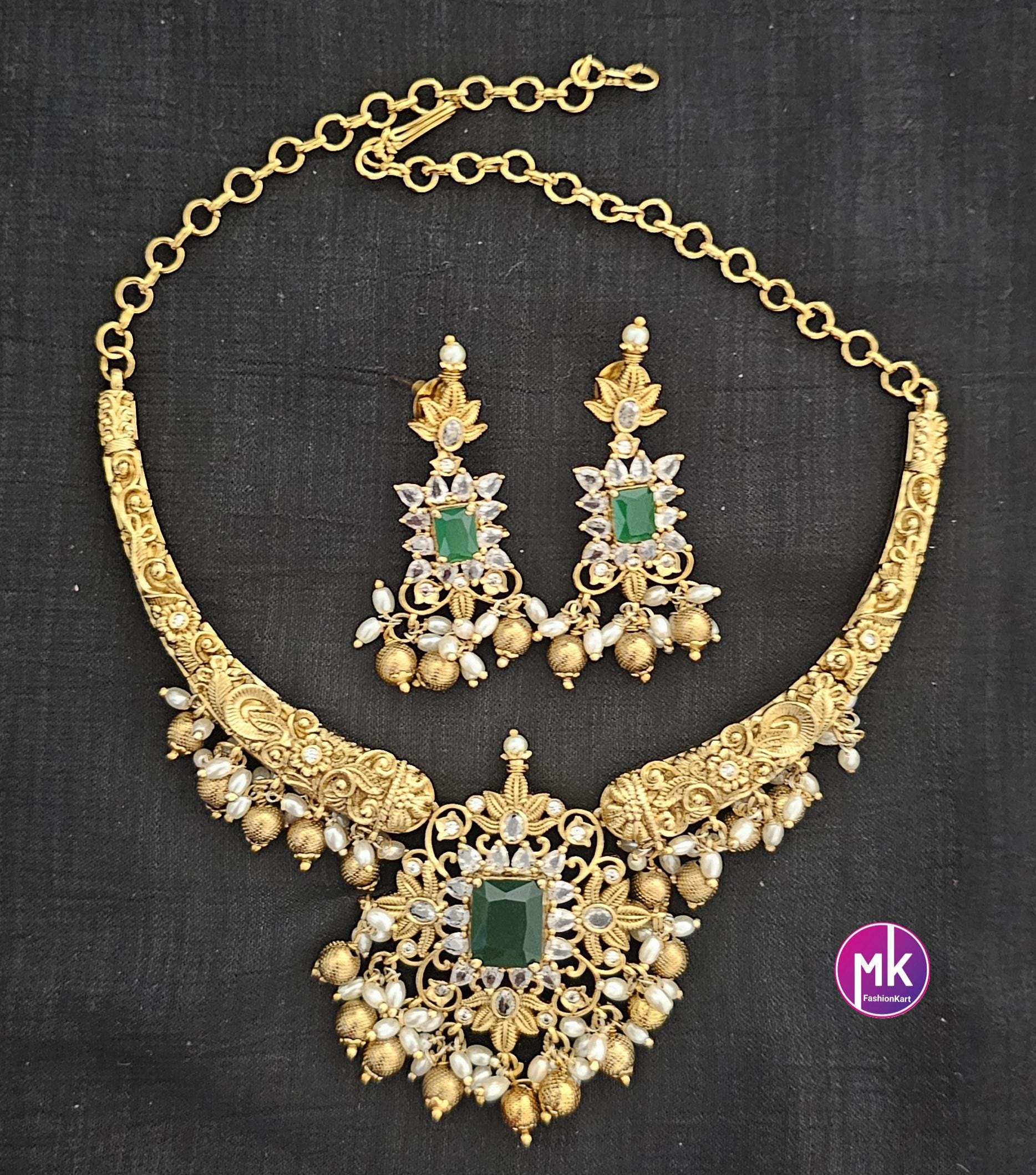 Celebrity Style Premium Quality Hasli AD stone Necklace with matching Earrings - Trendy Necklace - Fashion Necklace -MK Fashionkart