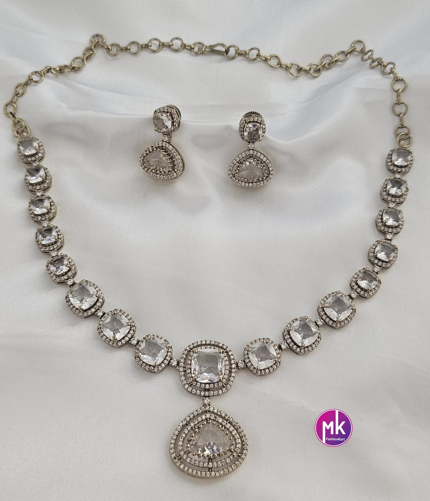 Celebrity Style Premium Quality AD/CZ stone Necklace and Beautiful matching Earrings - Bridal Jewelry - Fashion Jewelry - MK Fashionkart