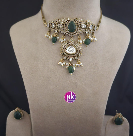 Premium quality Gold finish Emerald and CZ stones Choker cum Necklace with Earrings - MK Fashionkart - Fashion Jewelry