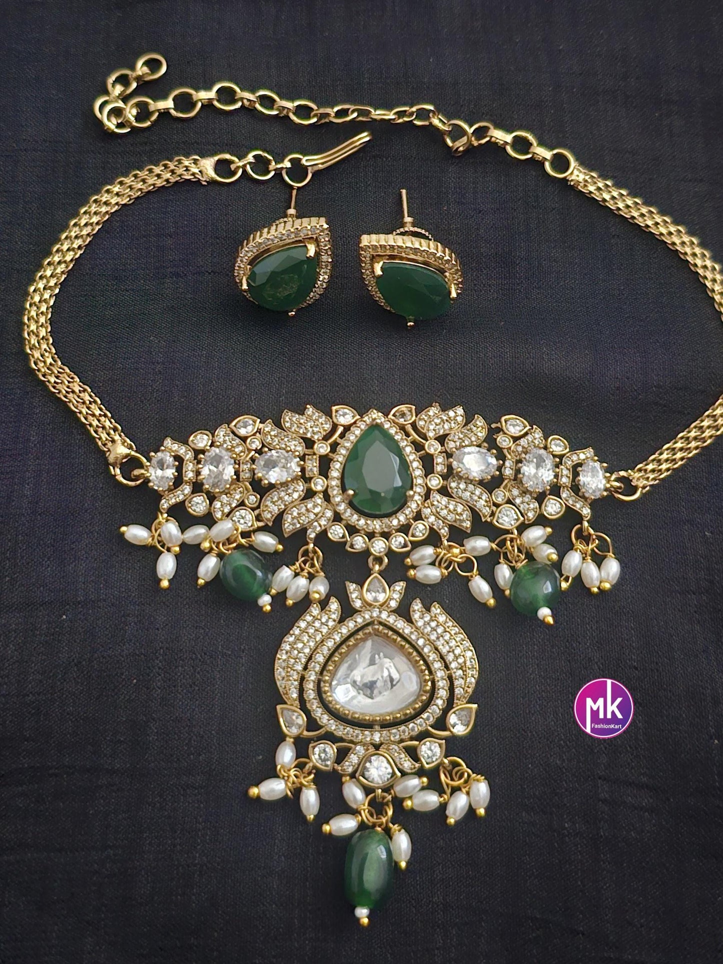 Premium quality Gold finish Emerald and CZ stones Choker cum Necklace with Earrings - MK Fashionkart - Fashion Jewelry