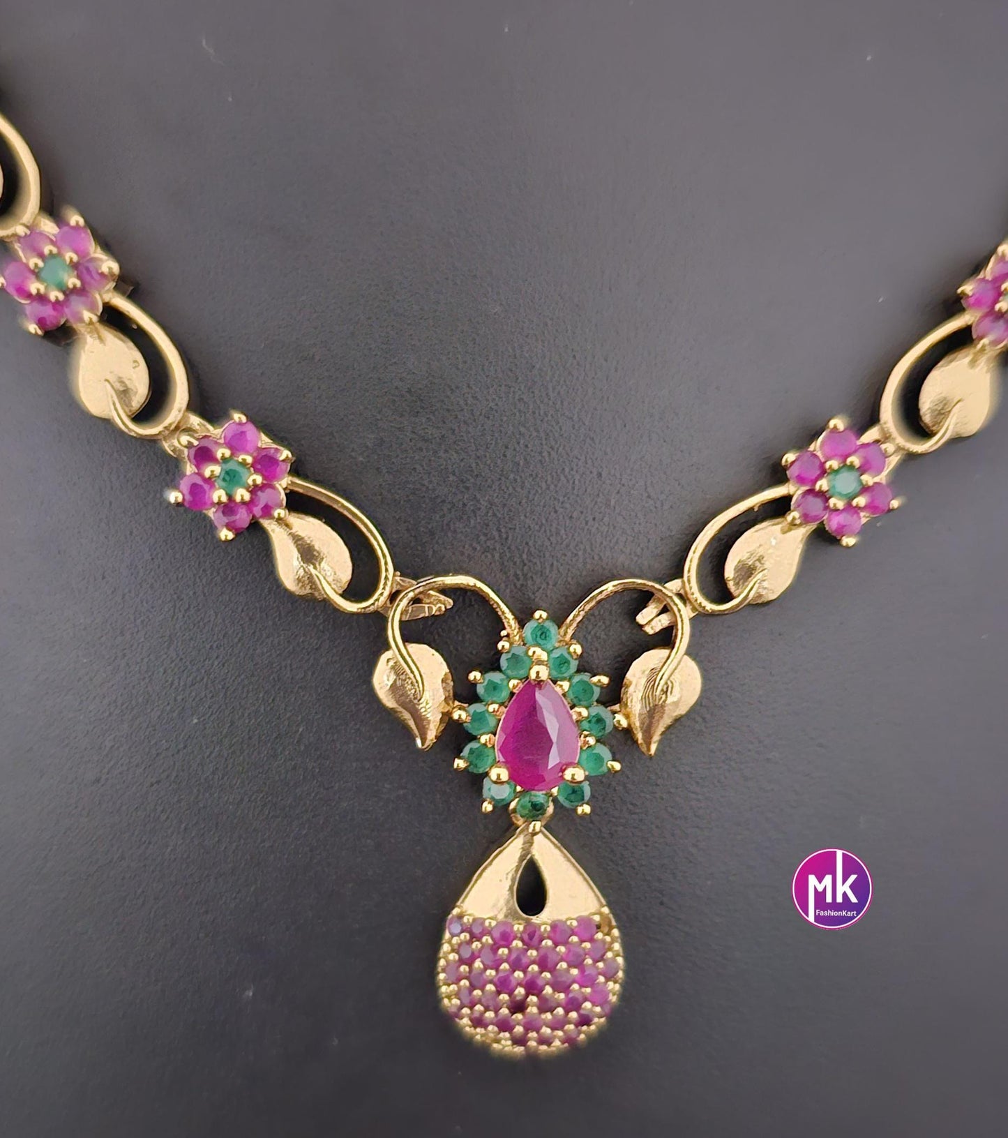 Flower design Premium gold finish AD Ruby stone necklace with matching Earrings - Adult cum Teen Necklace - Fashion Jewelry - MK Fashionkart