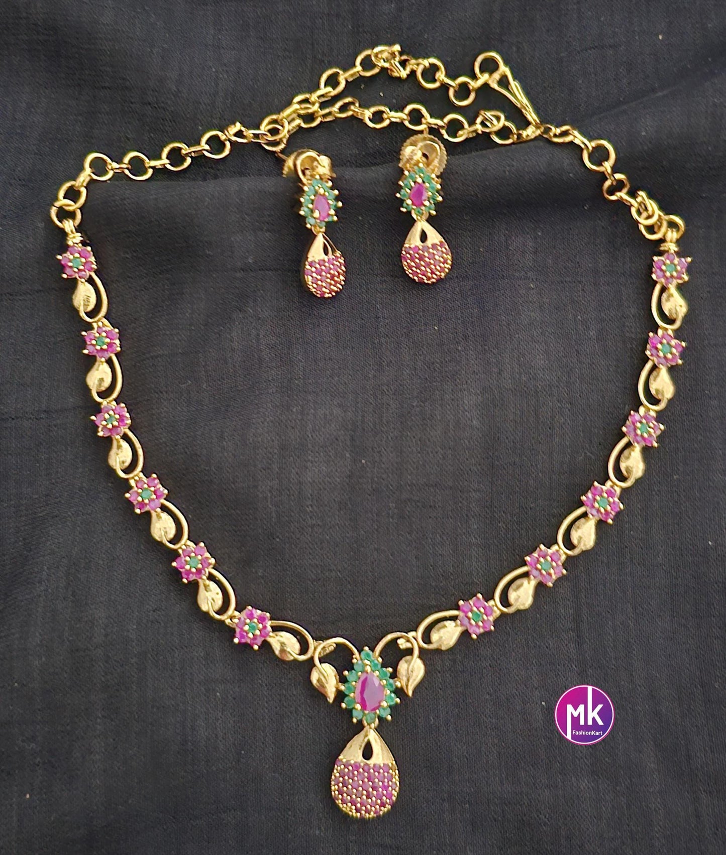 Flower design Premium gold finish AD Ruby stone necklace with matching Earrings - Adult cum Teen Necklace - Fashion Jewelry - MK Fashionkart