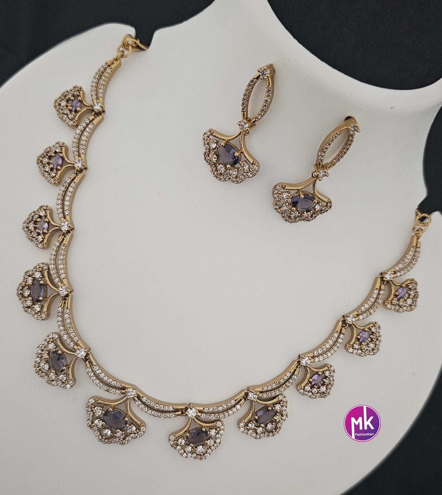 Flower design AD stone purple stone necklace with matching Earrings - Adult cum Teen Necklace - Fashion Jewelry - MK Fashionkart