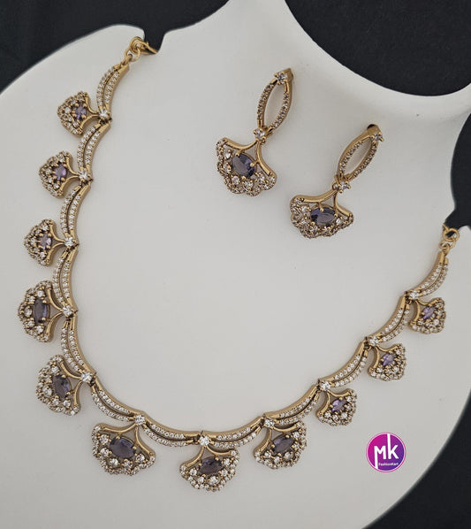 Flower design AD stone purple stone necklace with matching Earrings - Adult cum Teen Necklace - Fashion Jewelry - MK Fashionkart