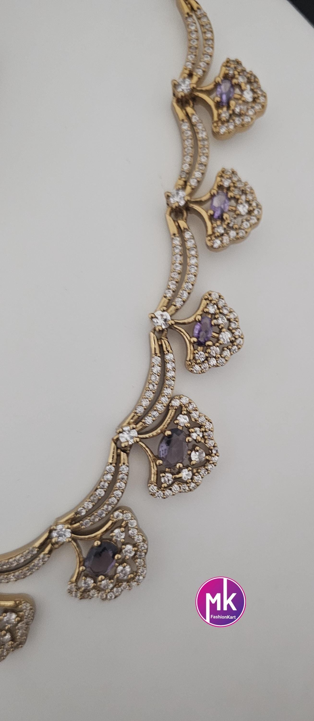 Flower design AD stone purple stone necklace with matching Earrings - Adult cum Teen Necklace - Fashion Jewelry - MK Fashionkart