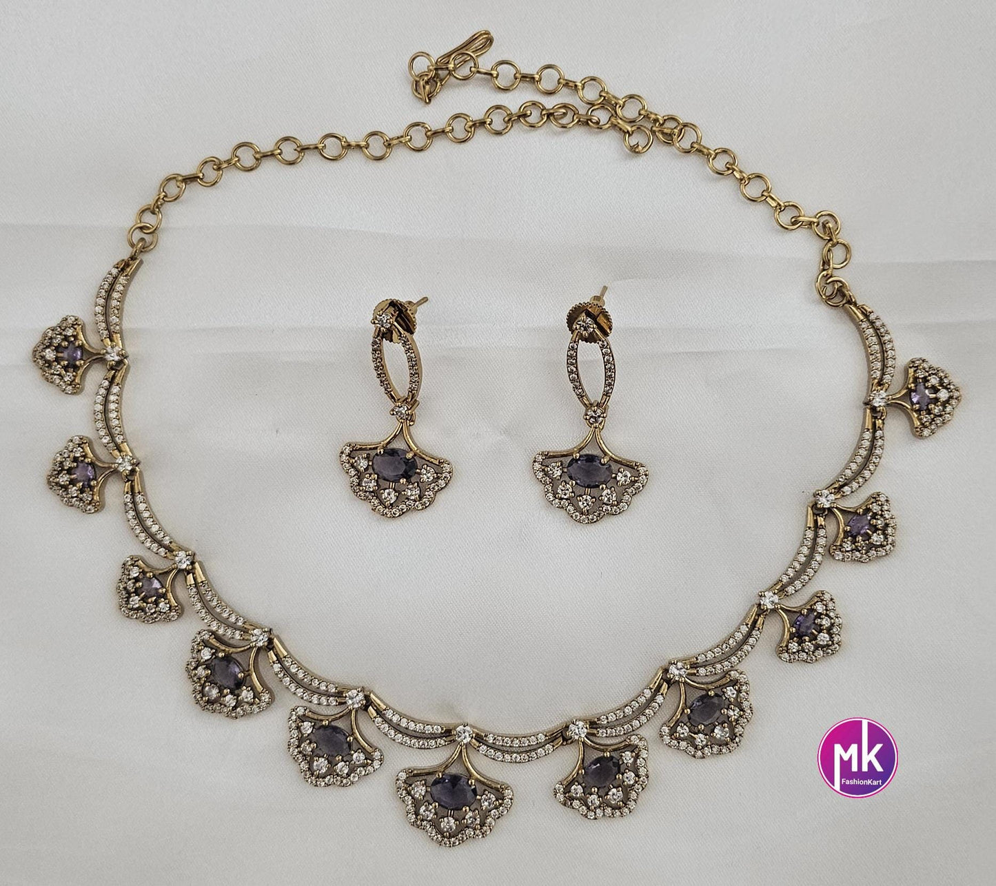 Flower design AD stone purple stone necklace with matching Earrings - Adult cum Teen Necklace - Fashion Jewelry - MK Fashionkart