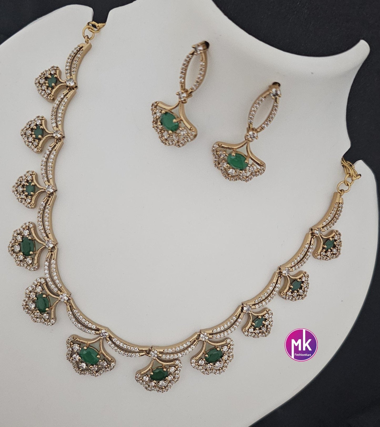 Flower design AD stone Emerald stone necklace with matching Earrings - Adult cum Teen Necklace - Fashion Jewelry - MK Fashionkart