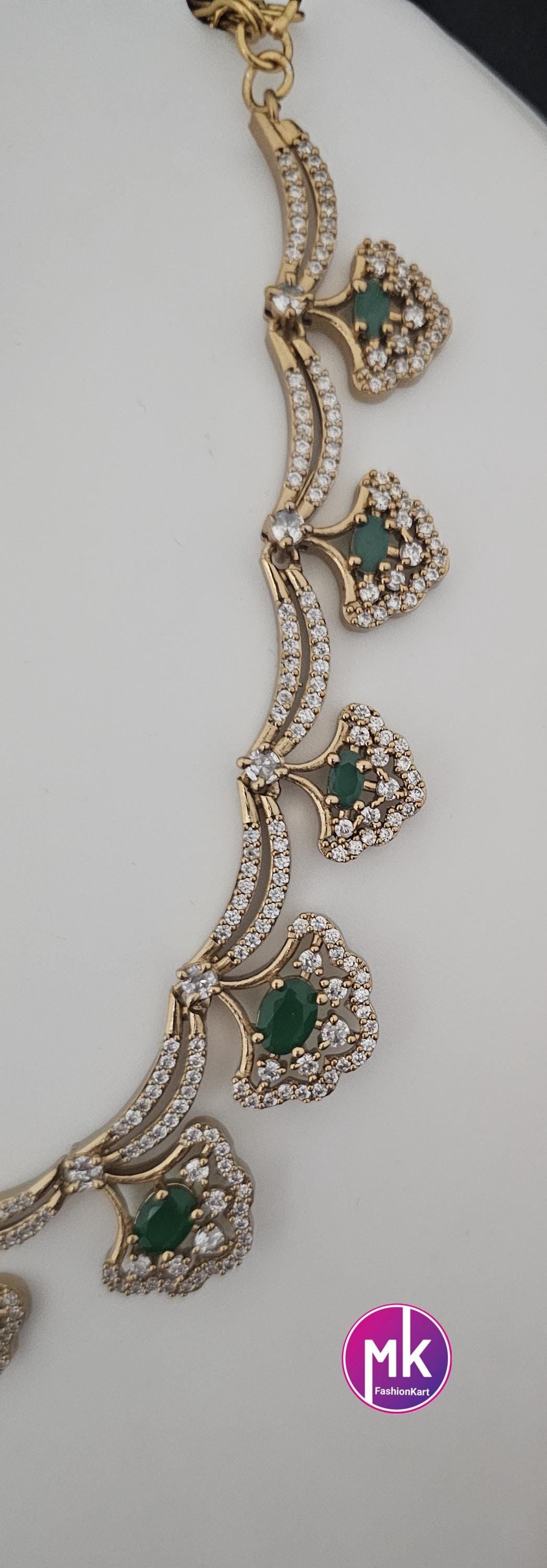 Flower design AD stone Emerald stone necklace with matching Earrings - Adult cum Teen Necklace - Fashion Jewelry - MK Fashionkart