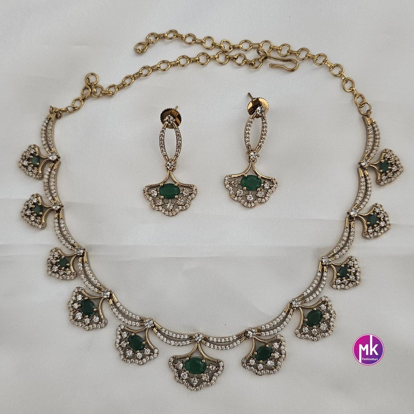 Flower design AD stone Emerald stone necklace with matching Earrings - Adult cum Teen Necklace - Fashion Jewelry - MK Fashionkart