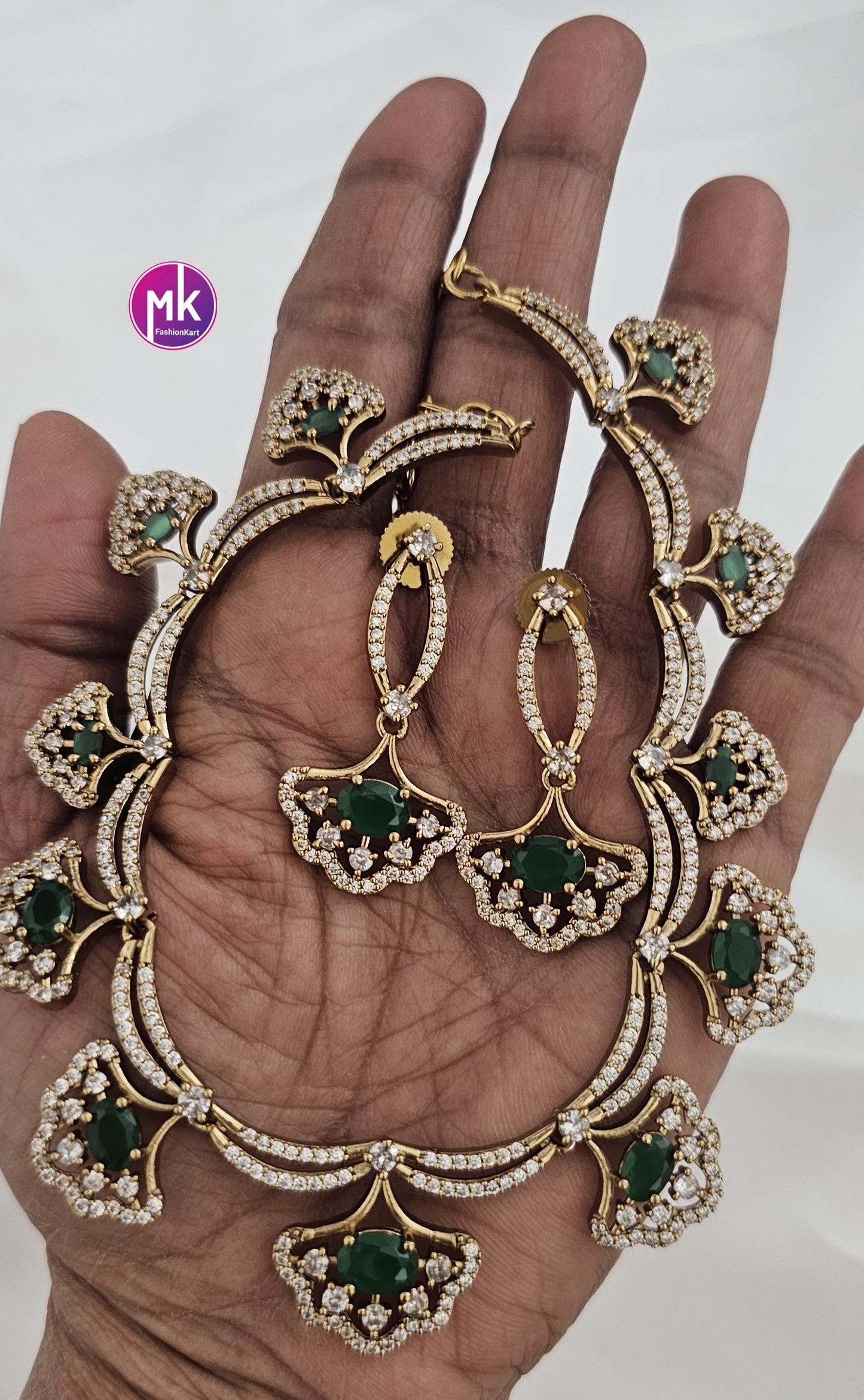 Flower design AD stone Emerald stone necklace with matching Earrings - Adult cum Teen Necklace - Fashion Jewelry - MK Fashionkart
