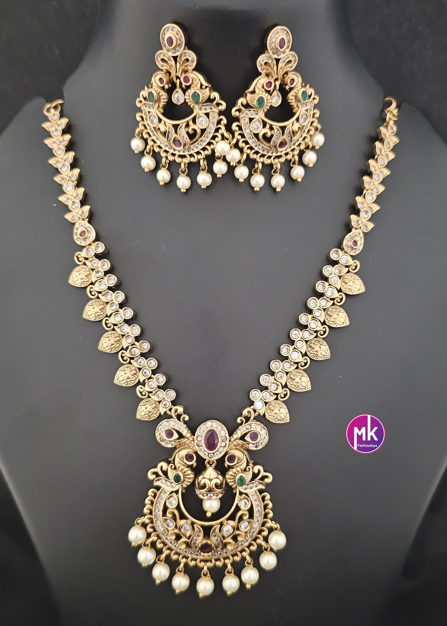 Peacock design Premium Quality Matte gold finish chandbali AD stone big Necklace with pendent matching and Earrings - MK Fashionkart