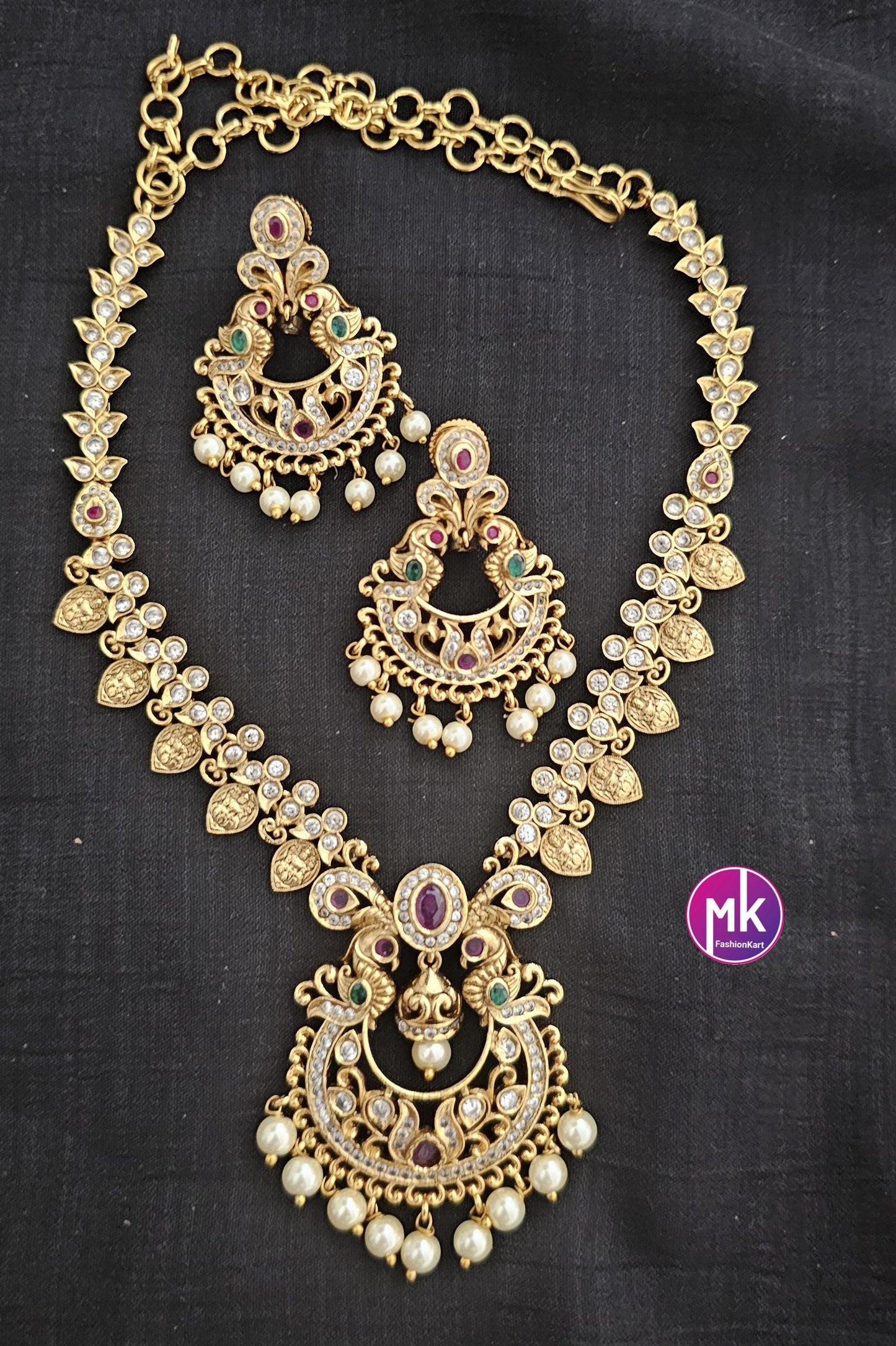 Peacock design Premium Quality Matte gold finish chandbali AD stone big Necklace with pendent matching and Earrings - MK Fashionkart