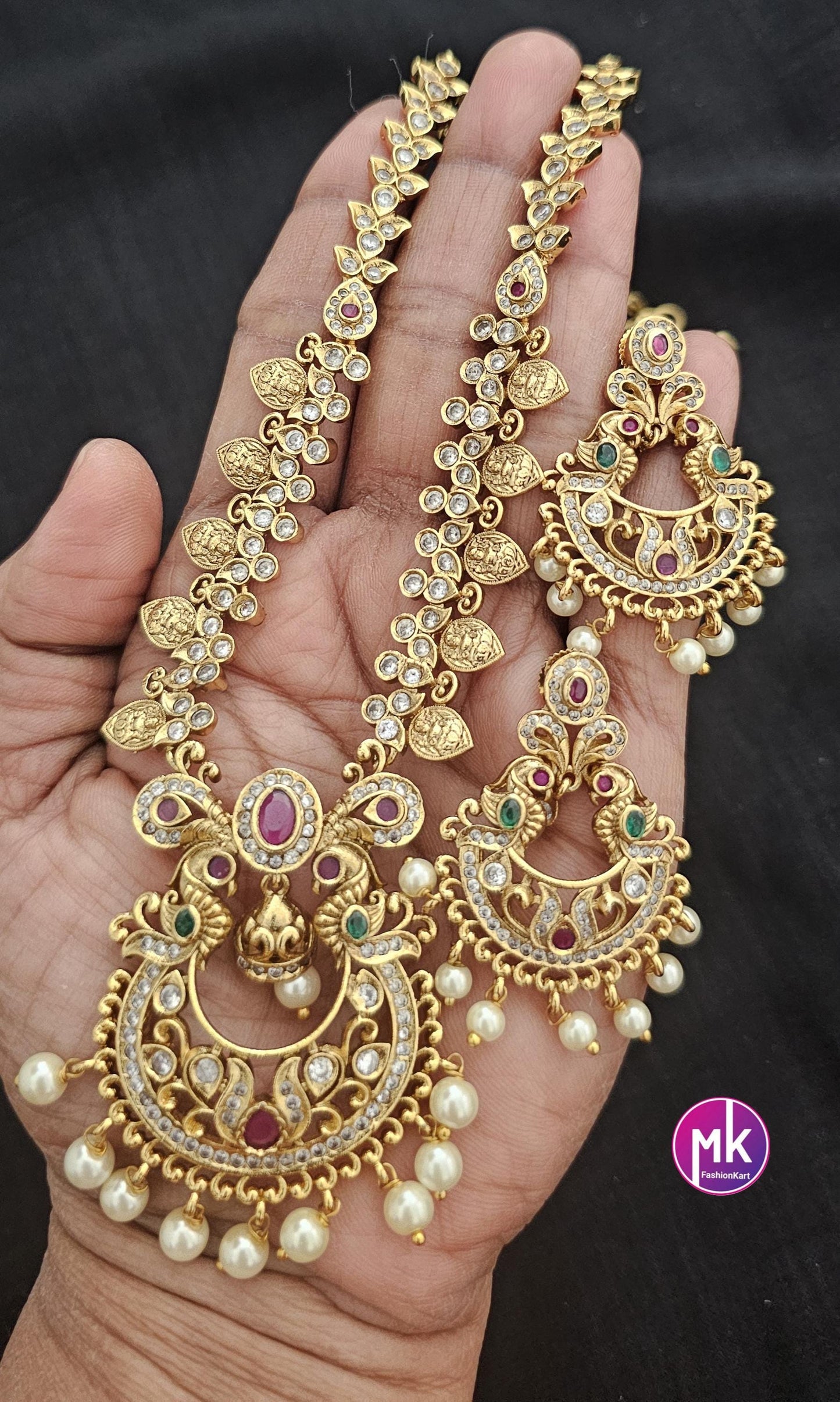 Peacock design Premium Quality Matte gold finish chandbali AD stone big Necklace with pendent matching and Earrings - MK Fashionkart