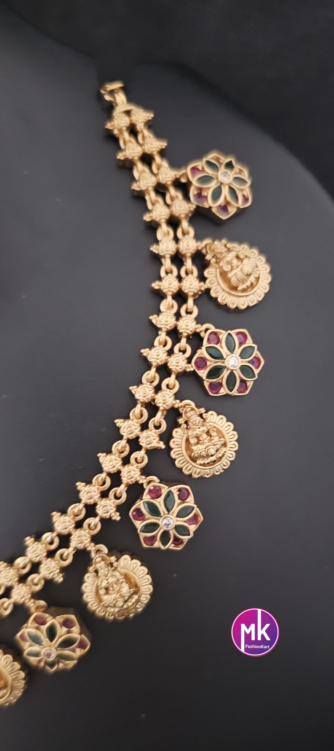 Lakshmi flower design Premium Quality Matte gold finish AD stone Necklace matching Earrings - Fashion Jewelry - MK Fashionkart