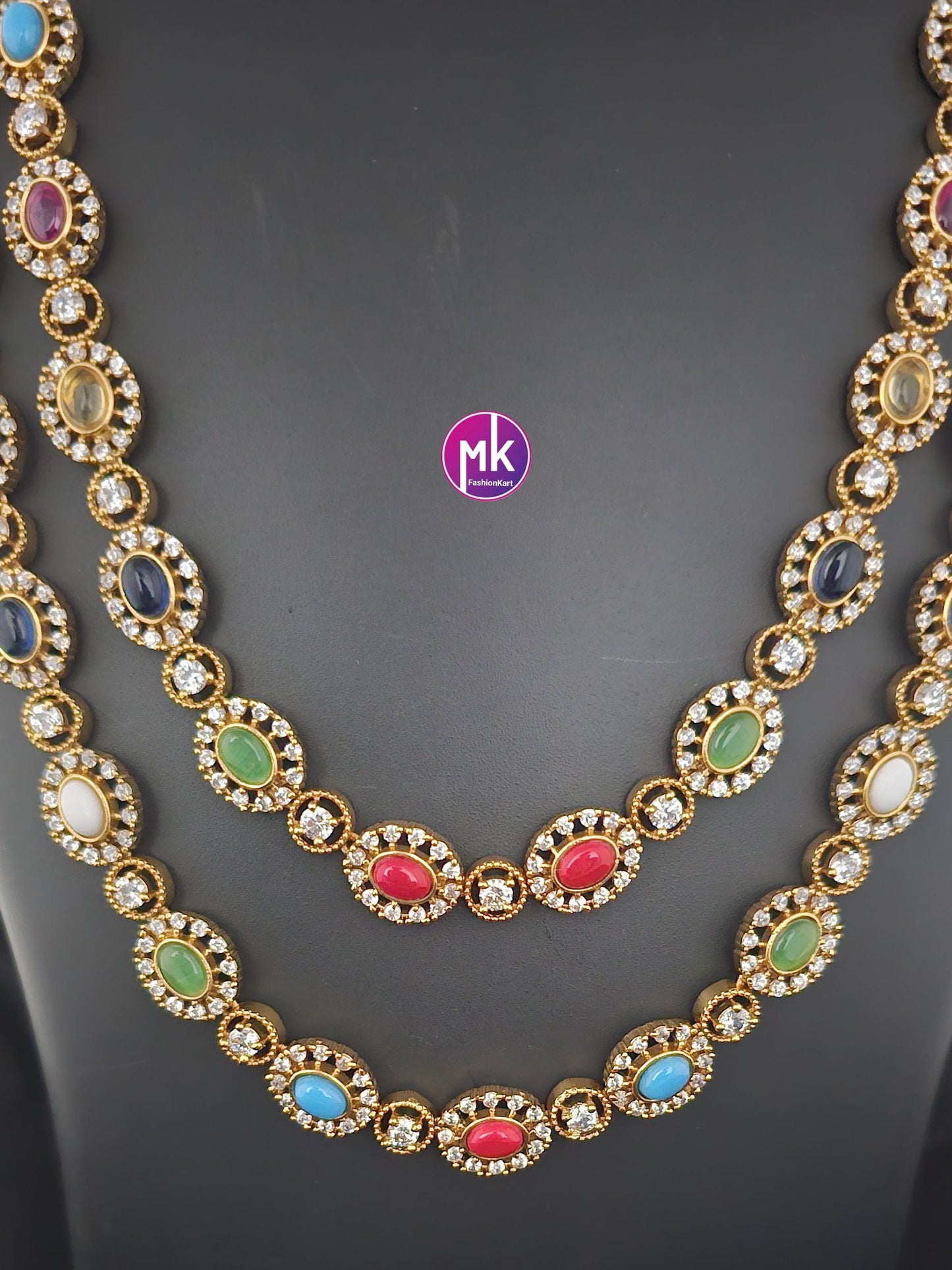 Navarathna Stones Premium Quality Double layer Matte finish Haram with Earrings - MK Fashionkart - Fashion Jewelry