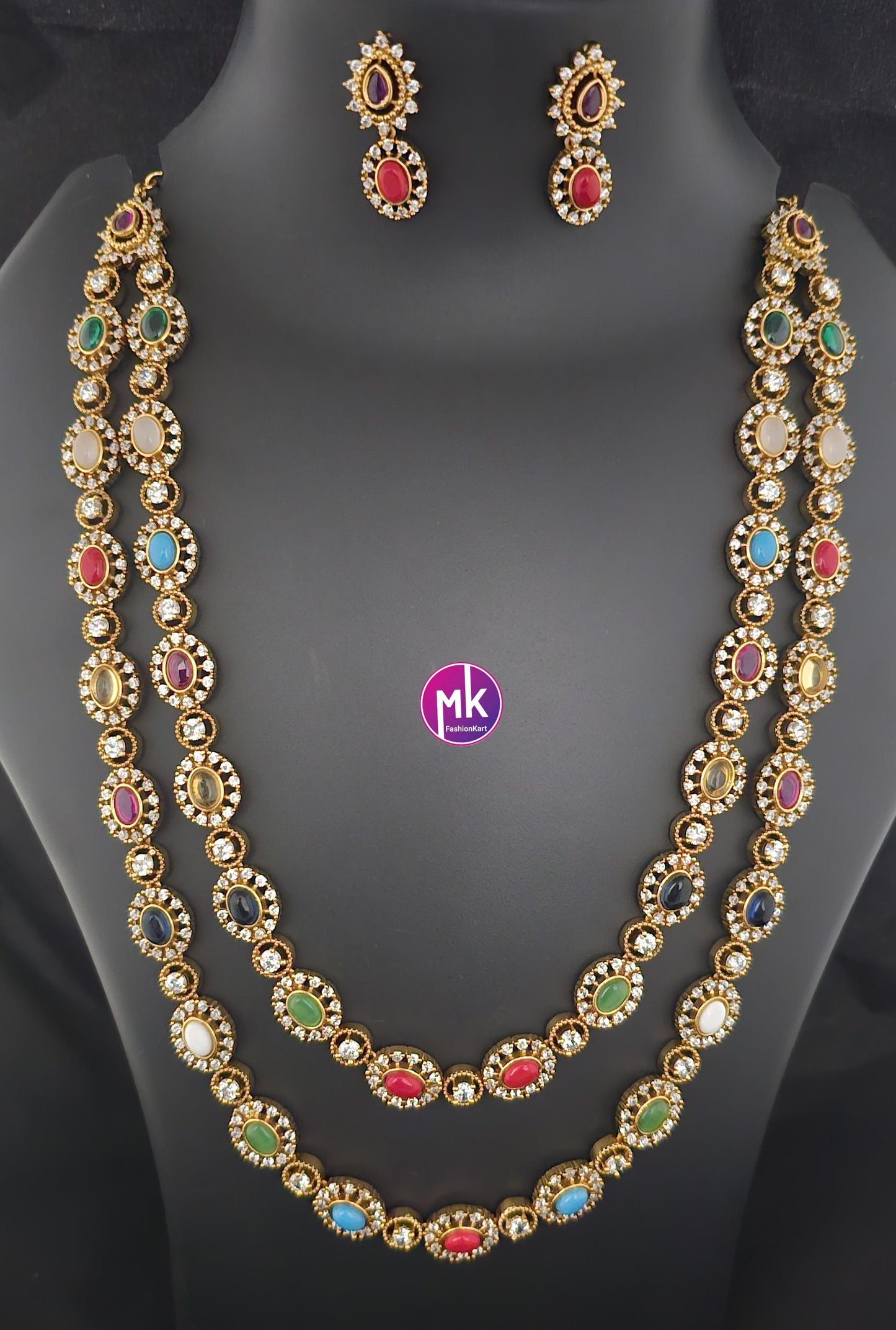 Navarathna Stones Premium Quality Double layer Matte finish Haram with Earrings - MK Fashionkart - Fashion Jewelry