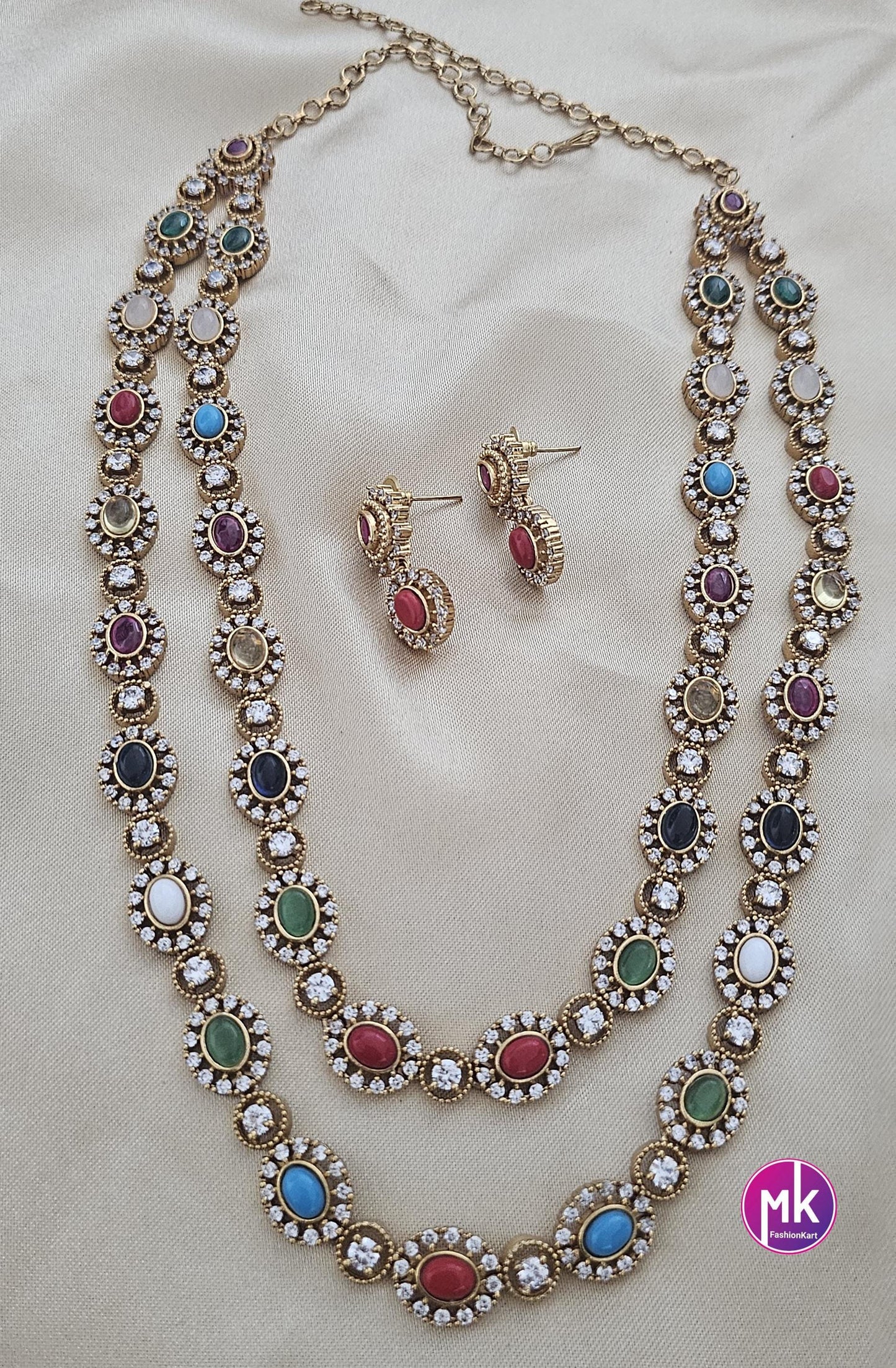 Navarathna Stones Premium Quality Double layer Matte finish Haram with Earrings - MK Fashionkart - Fashion Jewelry