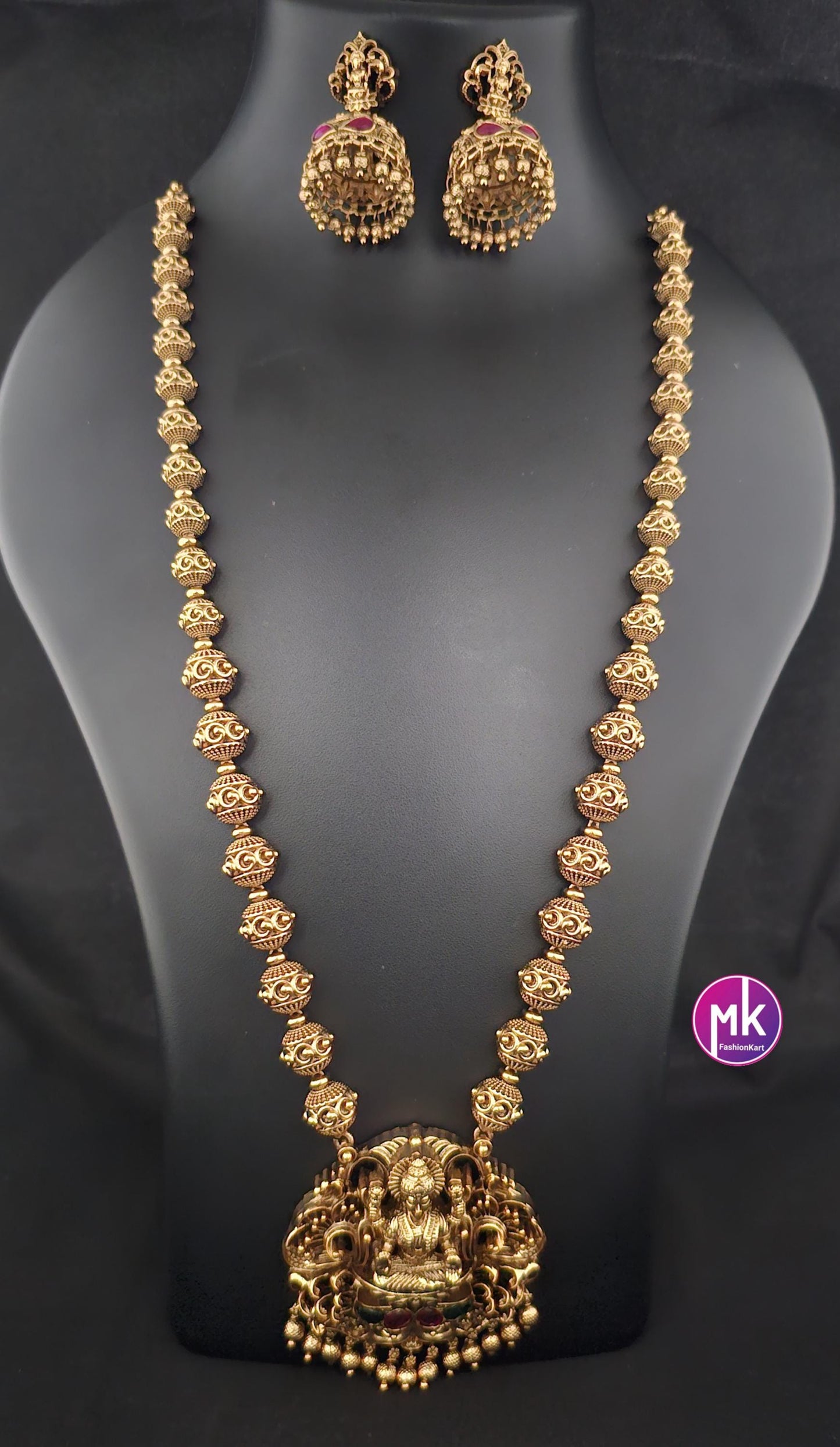 Nakshi Design Premium Matte gold Lakshmi gold finish Haram jadau kundan stone with matching Jhumka - Bridal Jewelry - MK Fashionkart