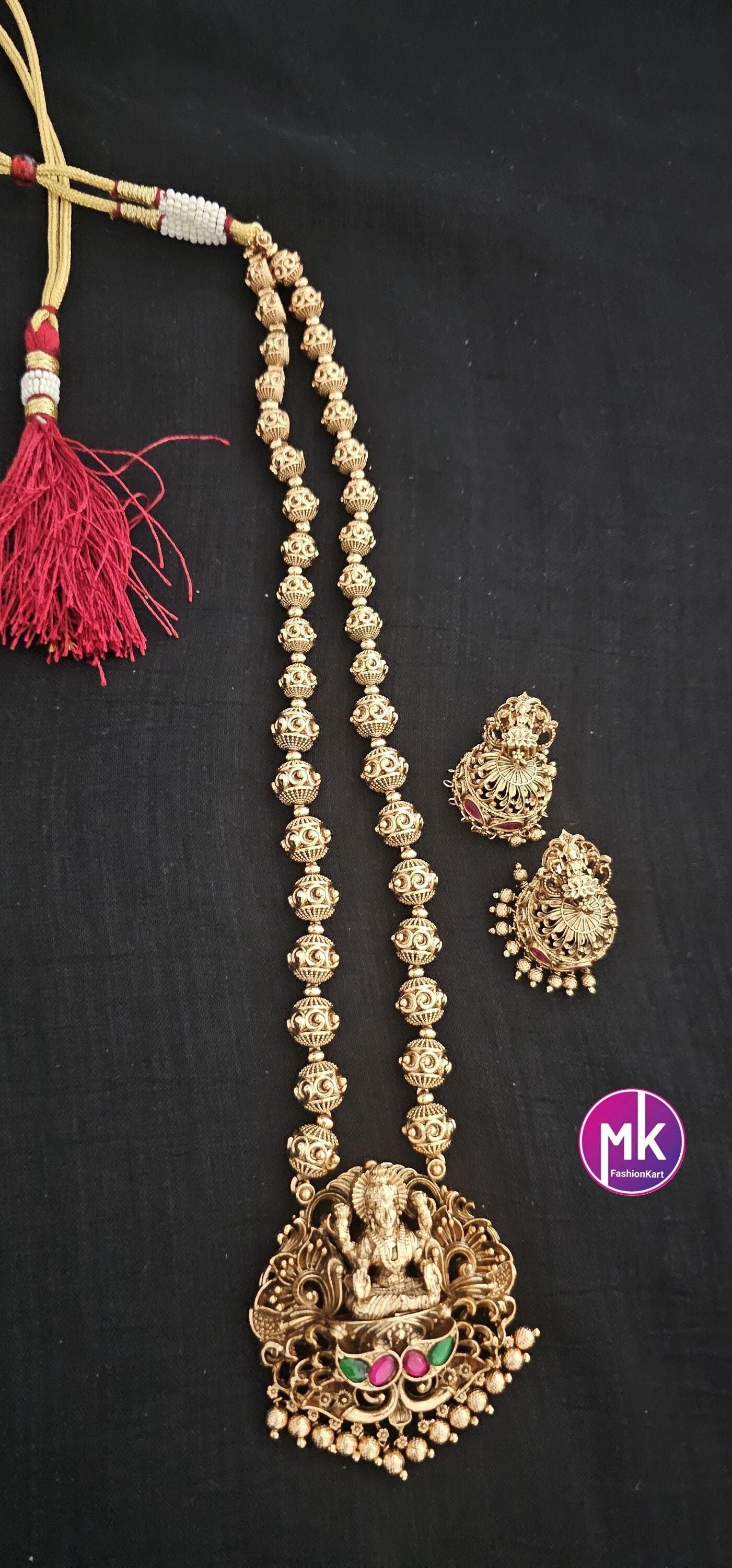 Nakshi Design Premium Matte gold Lakshmi gold finish Haram jadau kundan stone with matching Jhumka - Bridal Jewelry - MK Fashionkart