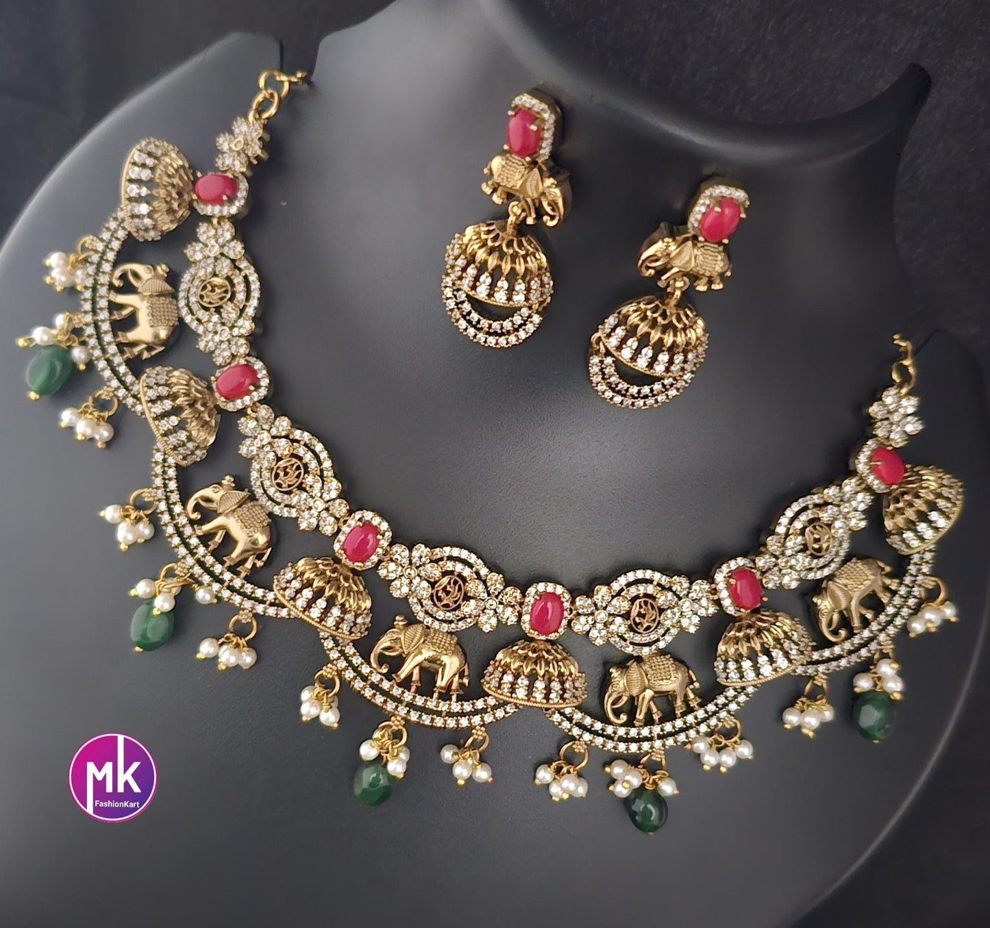 Elephant design Premium Quality Matte gold finish AD stone coral Necklace matching Earrings - Bridal Necklace - MK Fashionkart