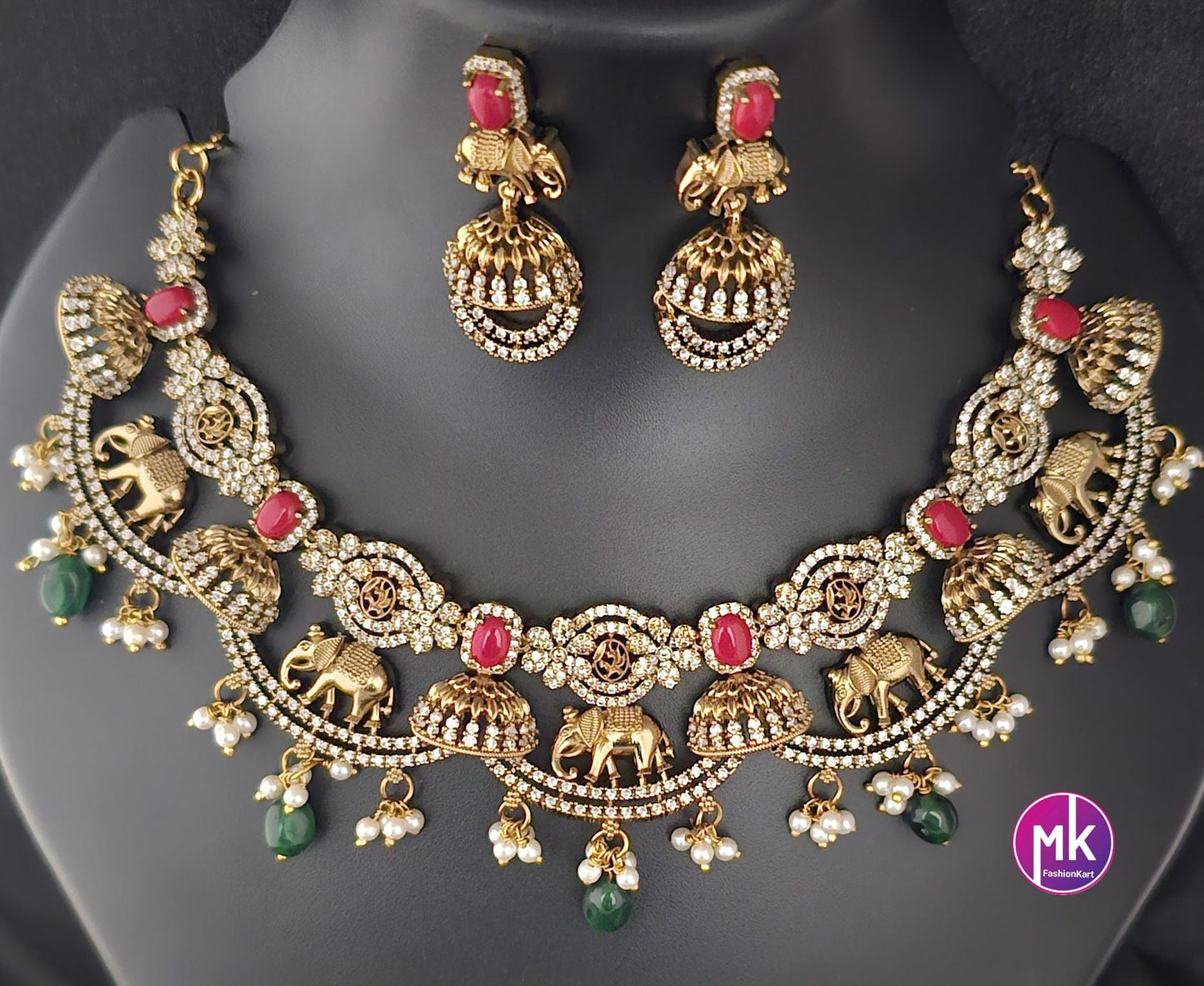 Elephant design Premium Quality Matte gold finish AD stone coral Necklace matching Earrings - Bridal Necklace - MK Fashionkart