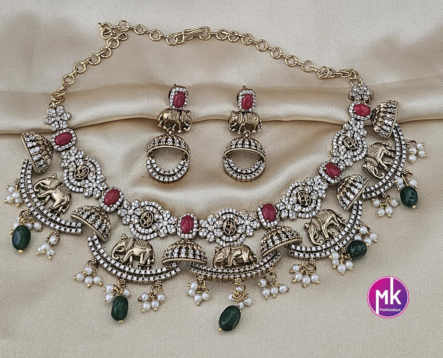 Elephant design Premium Quality Matte gold finish AD stone coral Necklace matching Earrings - Bridal Necklace - MK Fashionkart
