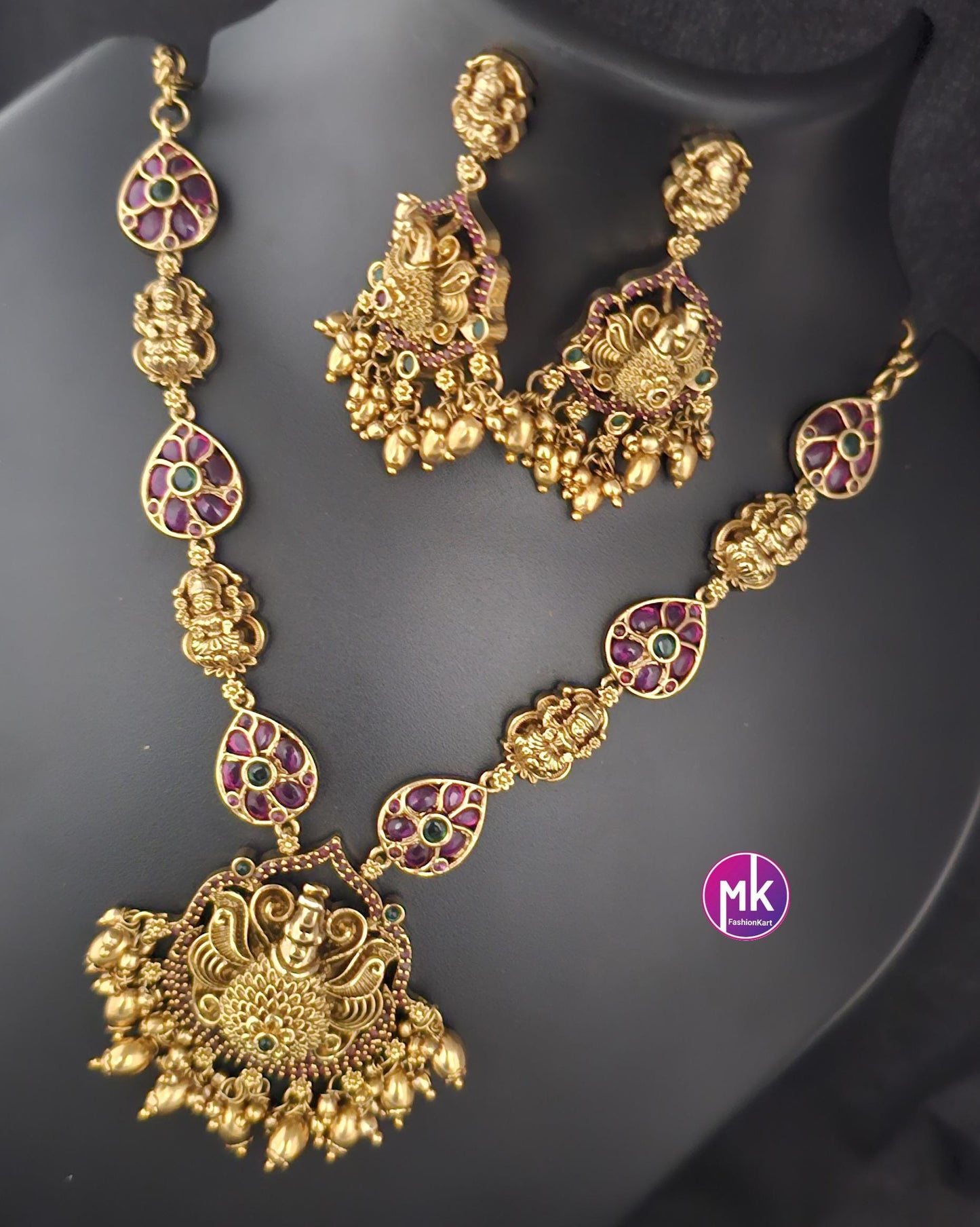 Peacock design matt gold finish Jadau kundan Stone w gold bead hangings Necklace w matching Earrings - Gold Jewelry Replica - MK Fashionkart
