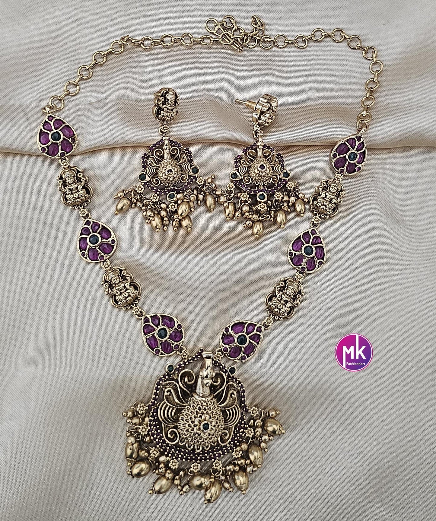 Peacock design matt gold finish Jadau kundan Stone w gold bead hangings Necklace w matching Earrings - Gold Jewelry Replica - MK Fashionkart