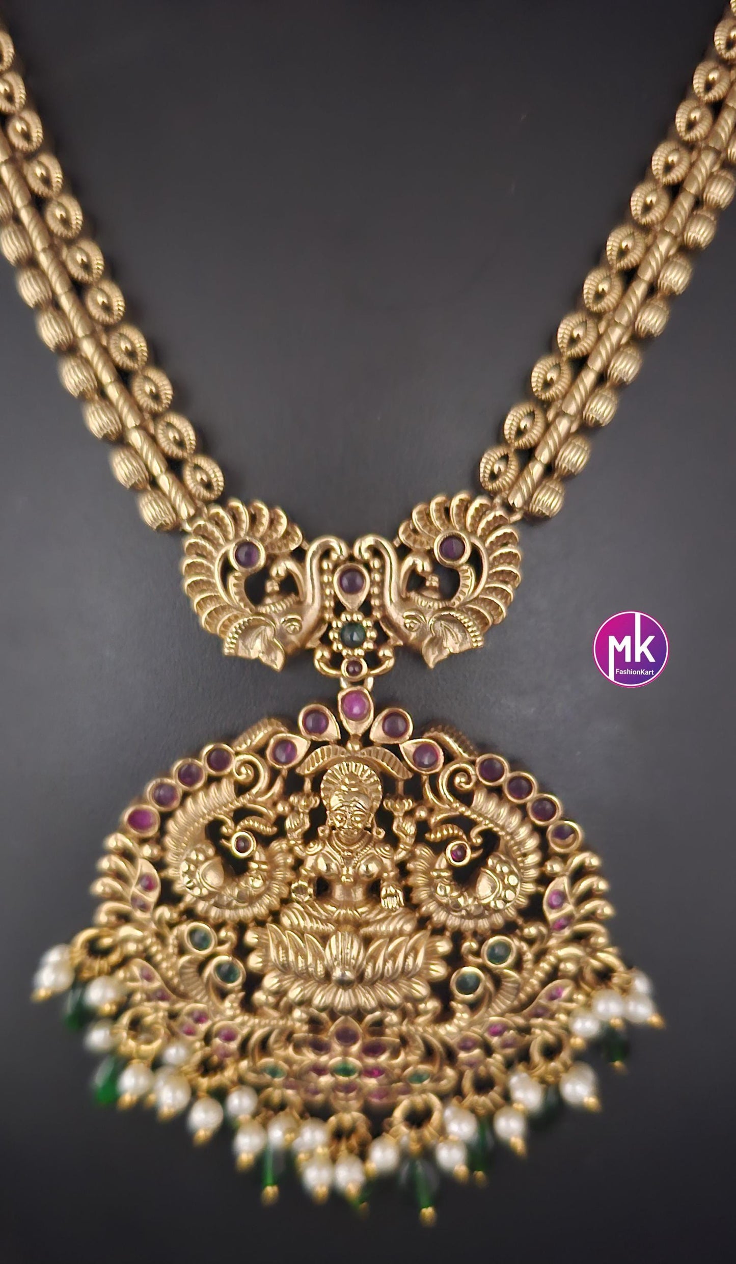 Lakshmi design Premium Quality Matte gold finish AD stone big Necklace with pendent matching and Earrings - MK Fashionkart