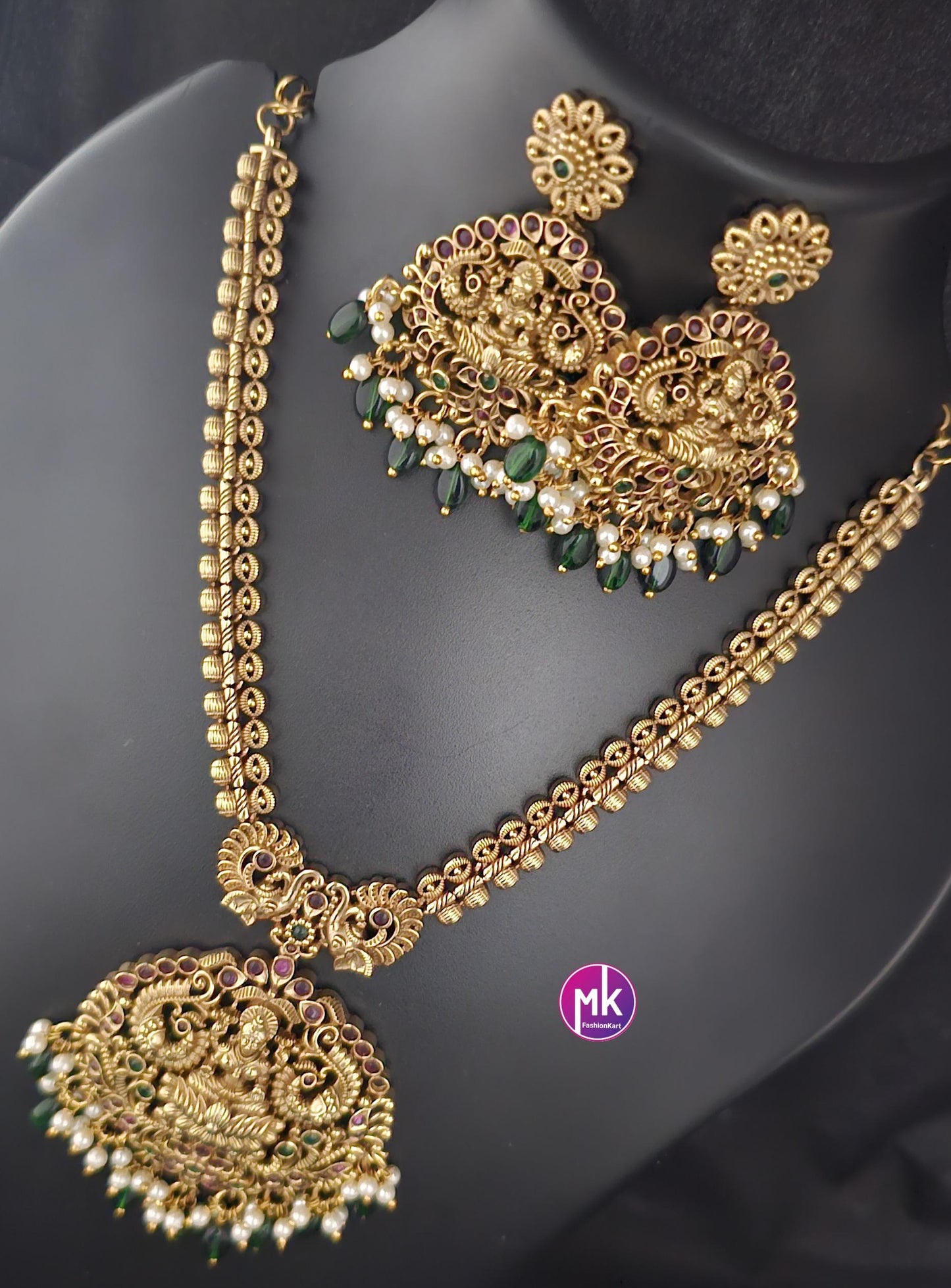 Lakshmi design Premium Quality Matte gold finish AD stone big Necklace with pendent matching and Earrings - MK Fashionkart