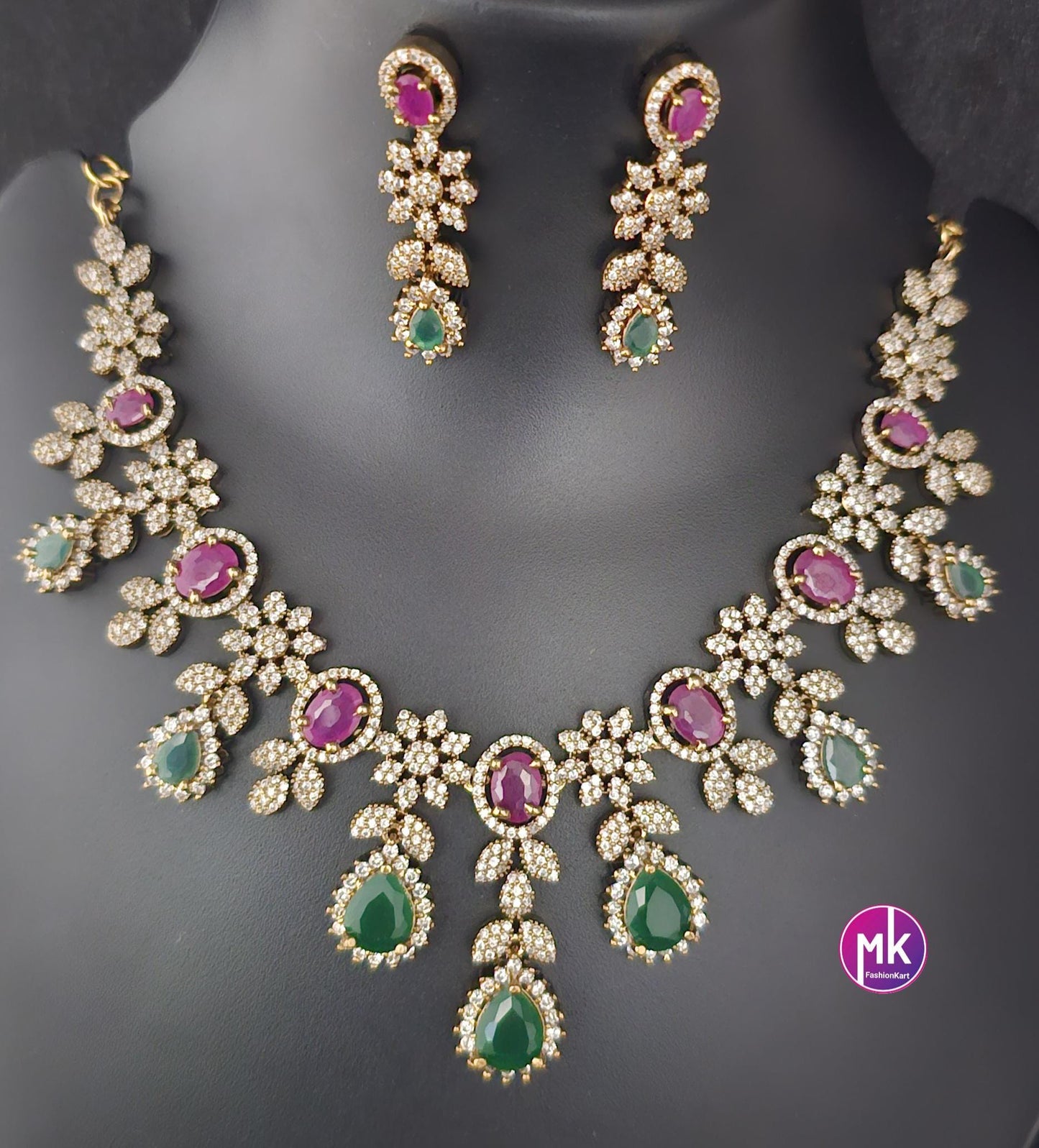 Beautiful Flower design AD stone Multi-color stone Bridal necklace with matching Earrings - Fashion Jewelry - MK Fashionkart