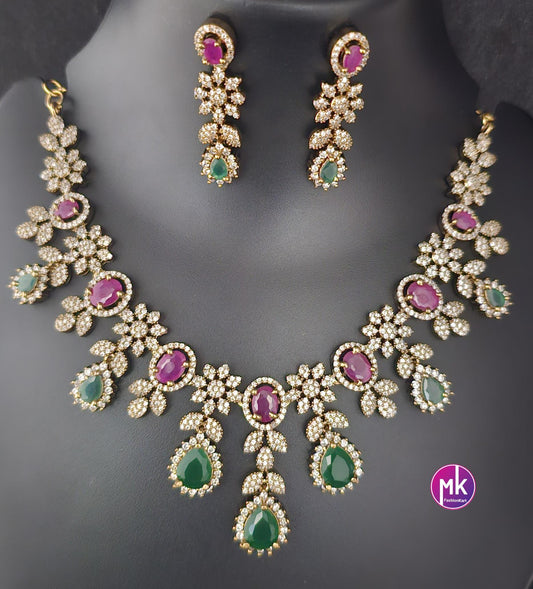 Beautiful Flower design AD stone Multi-color stone Bridal necklace with matching Earrings - Fashion Jewelry - MK Fashionkart
