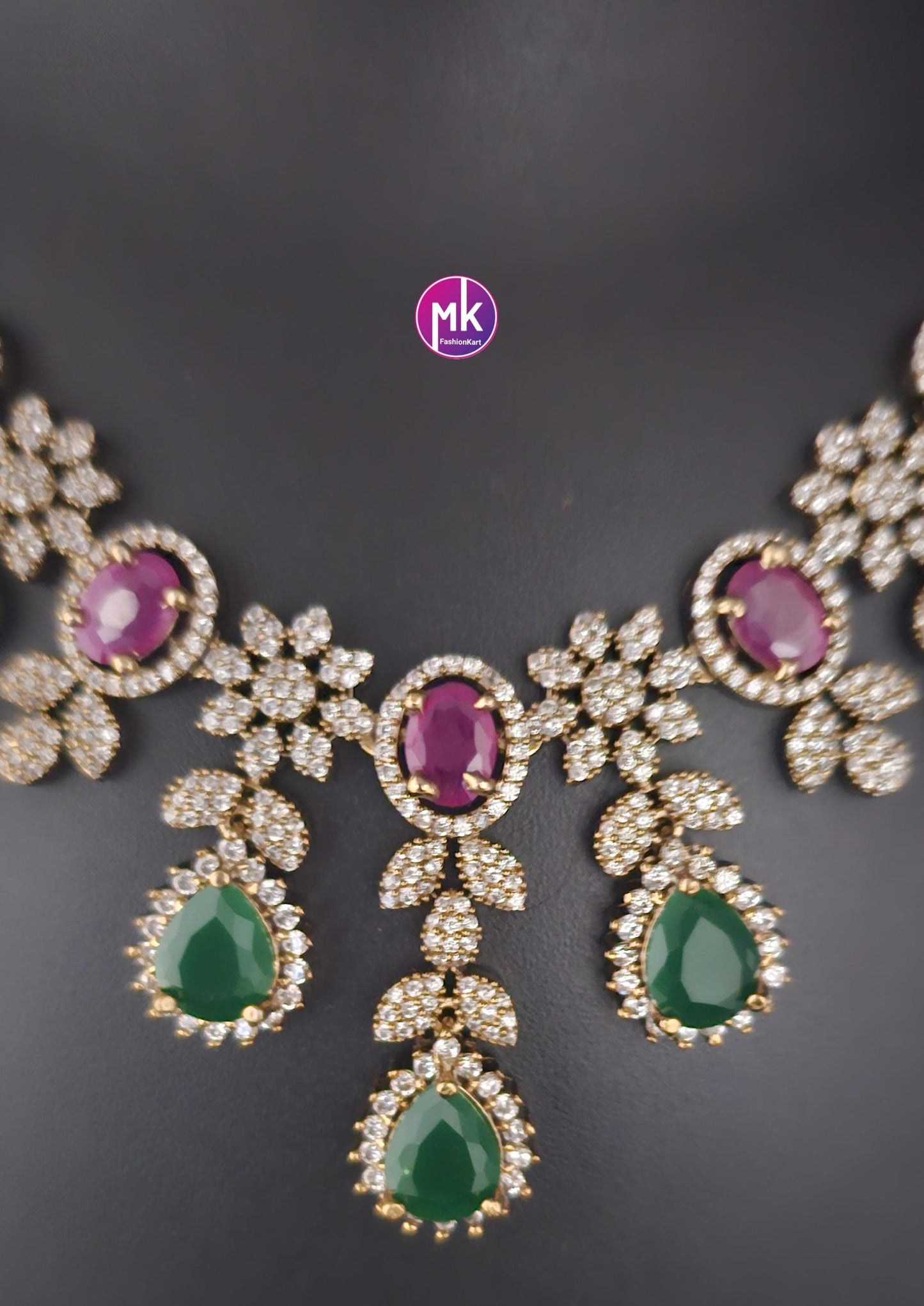 Beautiful Flower design AD stone Multi-color stone Bridal necklace with matching Earrings - Fashion Jewelry - MK Fashionkart