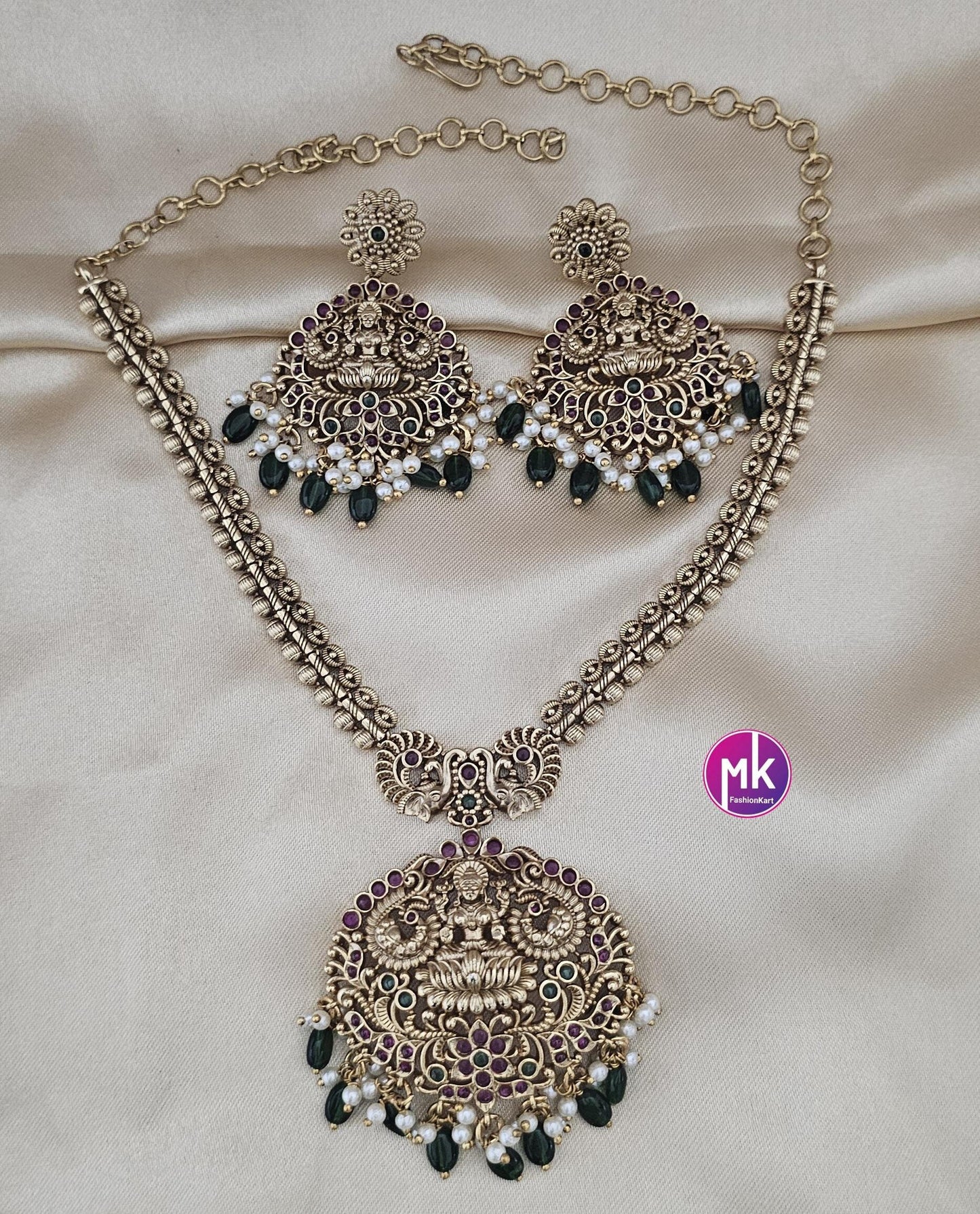 Lakshmi design Premium Quality Matte gold finish AD stone big Necklace with pendent matching and Earrings - MK Fashionkart