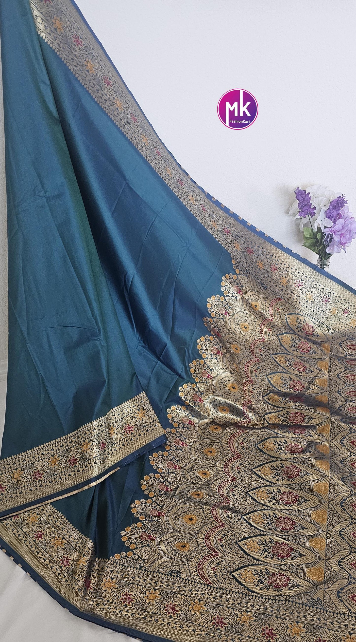 Beautiful pure Katan Silk Banarasi Soft Silk Saree with Golden border - Body plain Color - Peacock Blue with gold saree - MK Fashionkart