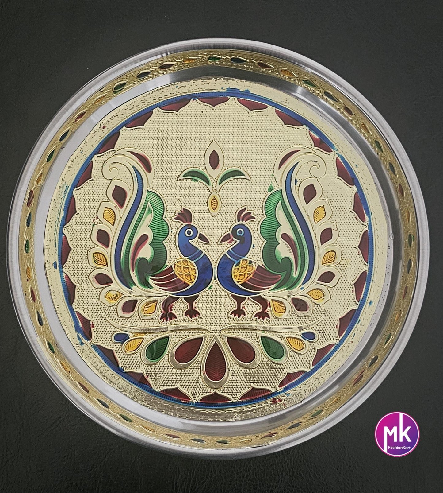 Meenakari Peacock/Flower design work steel plate - Housewarming Gift, Thambolam Plate, Pooja Gift, Return Gift, Navarathri gift, Diwali Gift