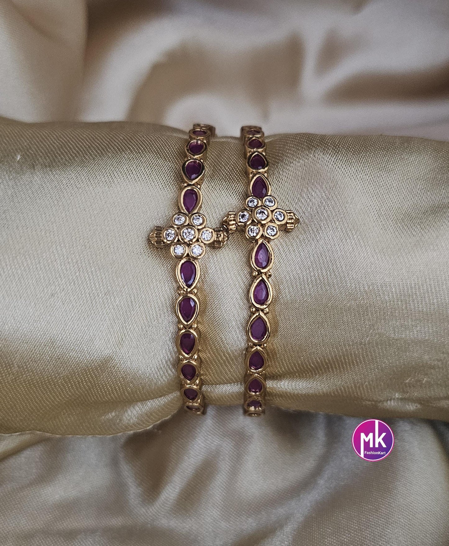 Matte gold finish Kemp and AD stones Bangles - Set of 2 bangles - Size 2.4, 2.6 and 2.8 - Fashion Jewelry - MK Fashionkart