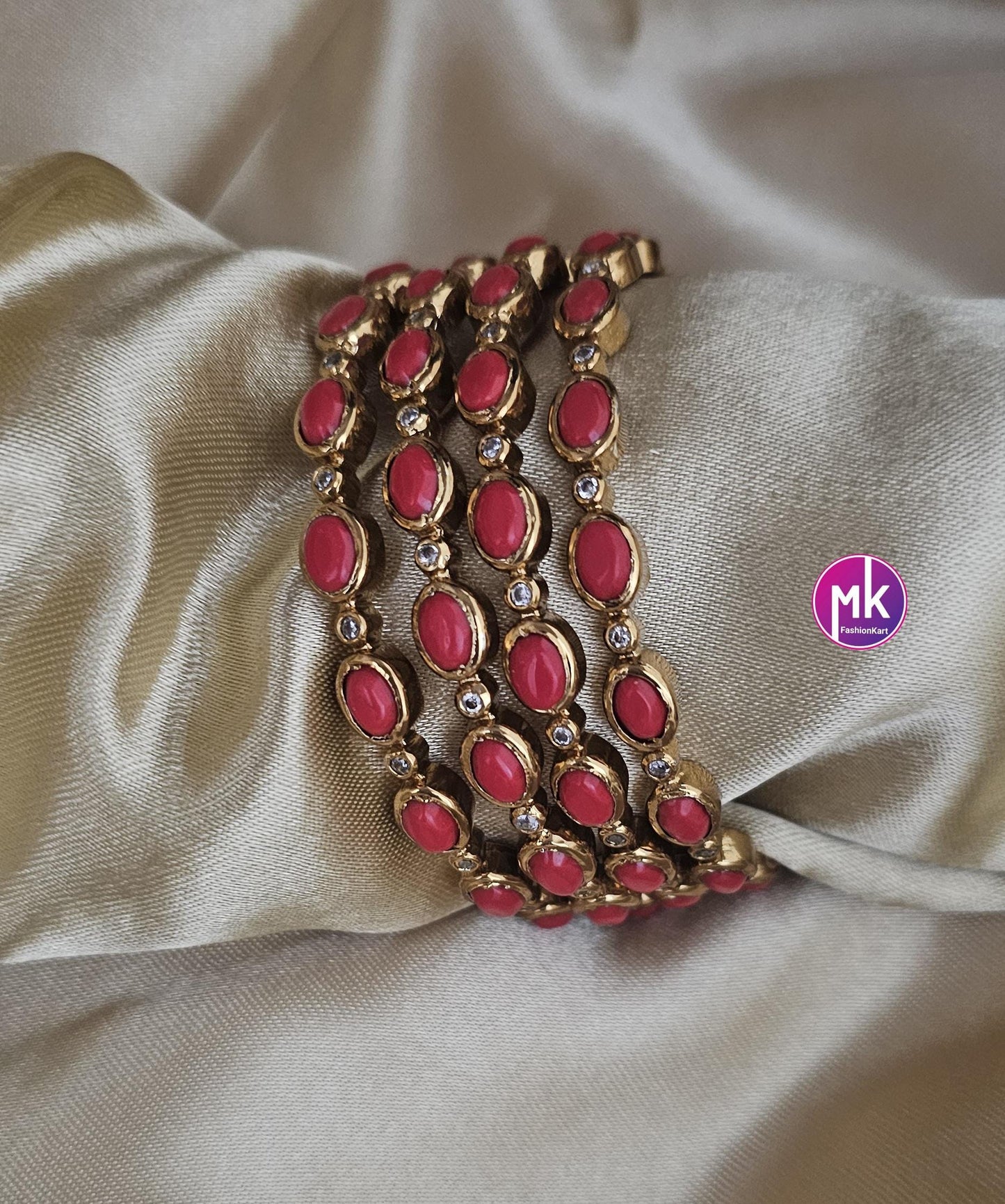 Premium quality gold finish Coral and AD stone Bangles - Set of 4 bangles - Size 2.4, 2.6 and 2.8 - Fashion Jewelry - MK Fashionkart