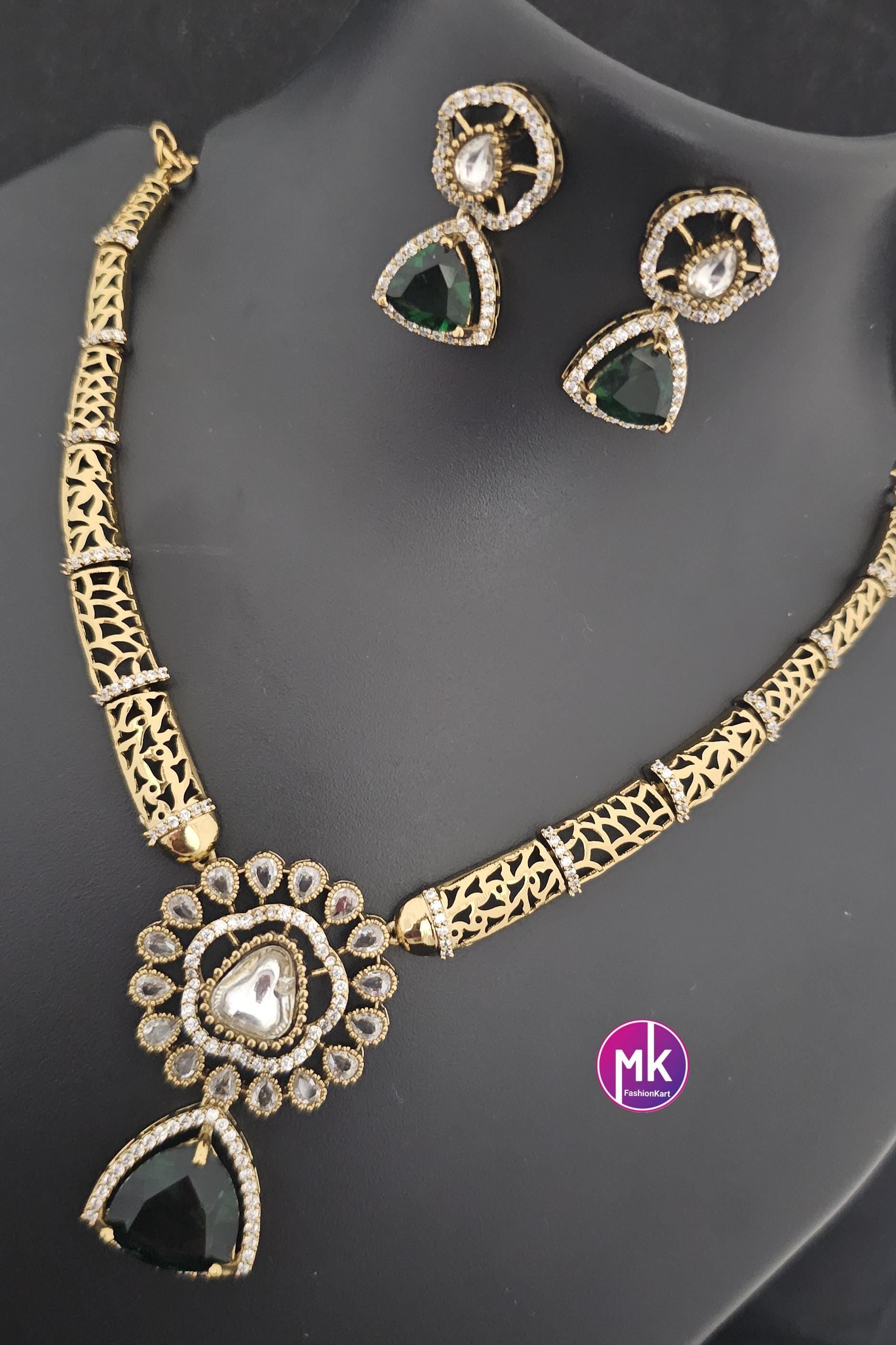 Celebrity style Flower design stone premium Hasli emerald stone necklace with matching Earrings - Fashion Jewelry - Mk Fashionkart
